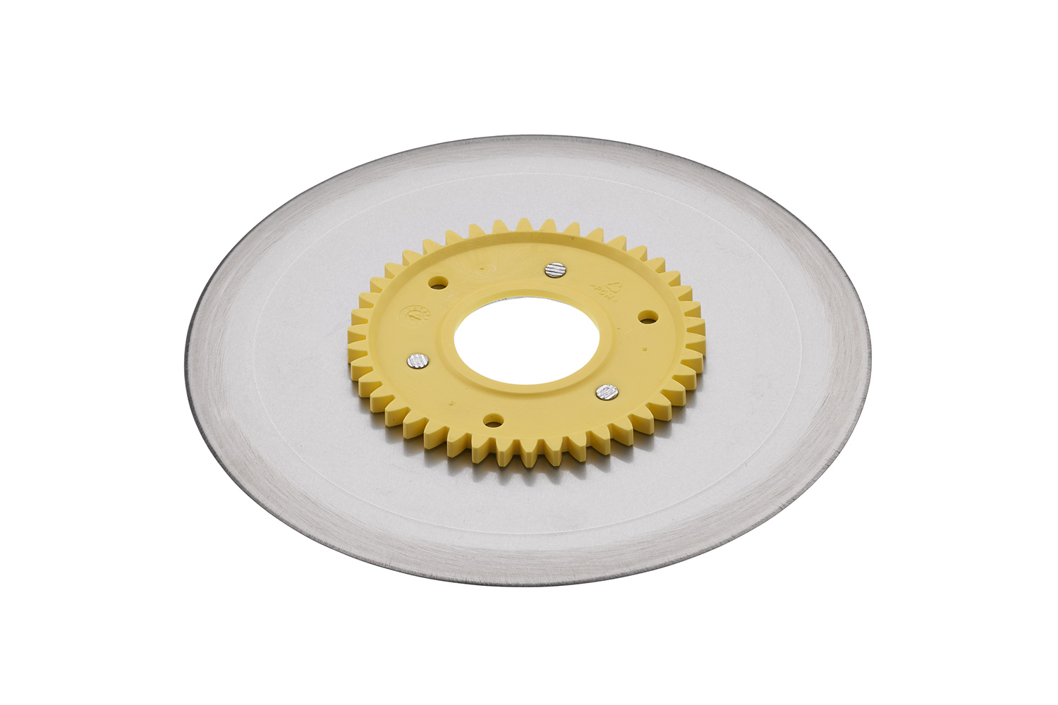 Smooth ham- and sausage circular blade with a yellow gear Smooth ham- and sausage circular blade with a yellow gear