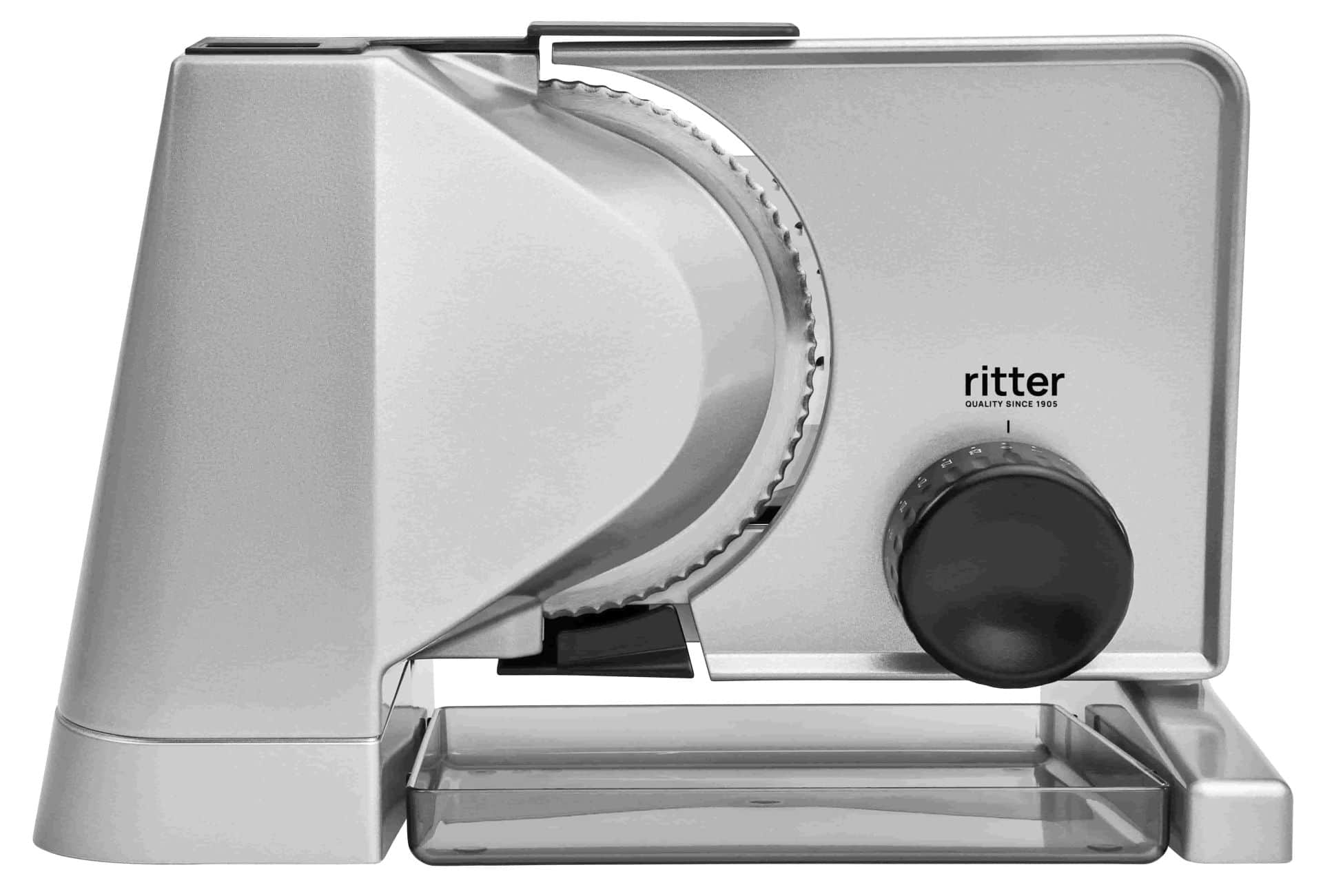 Electric food slicer in silver with black rotary knob Electric food slicer in silver with black rotary knob
