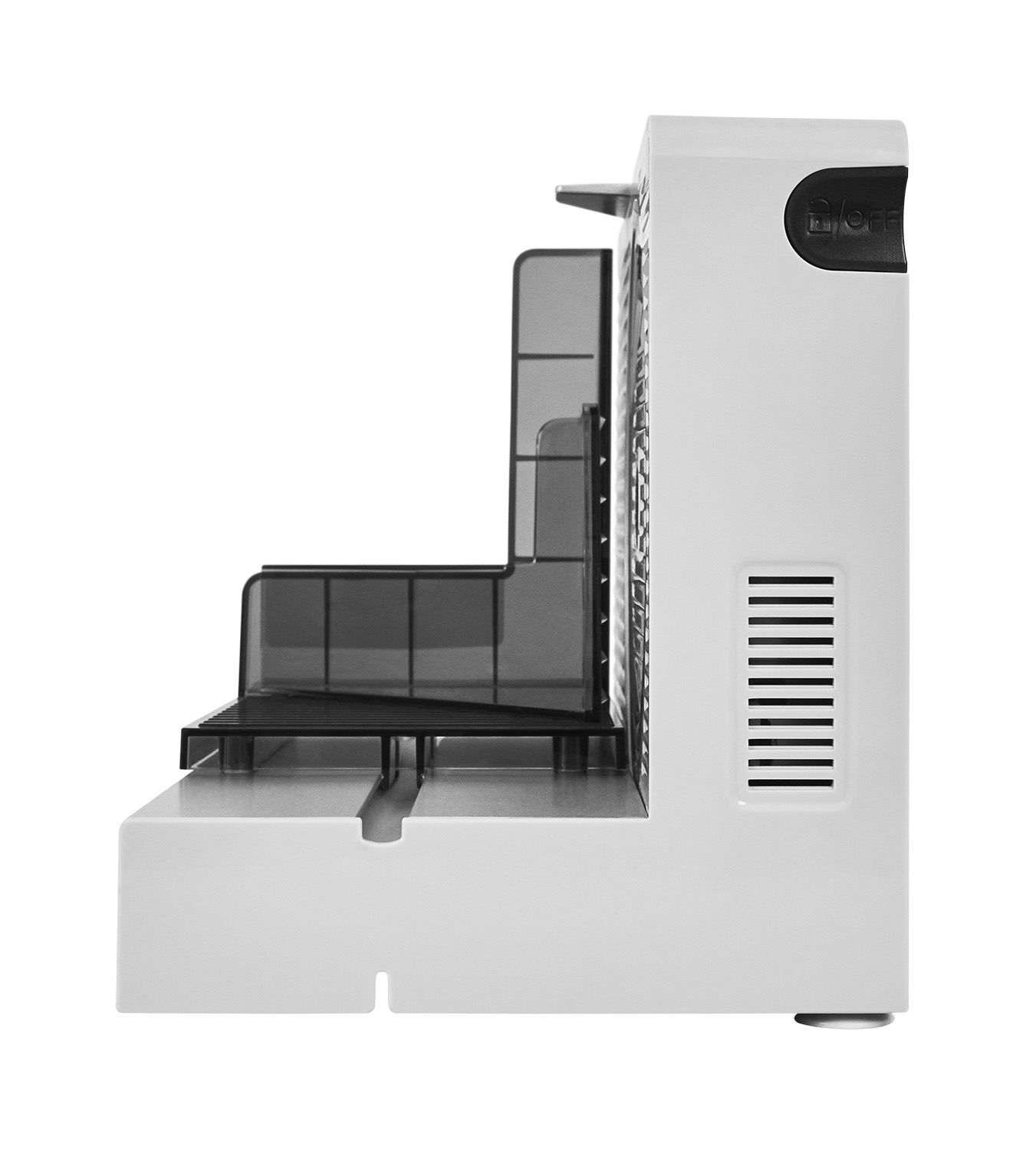 Electric food slicer in silver, side view