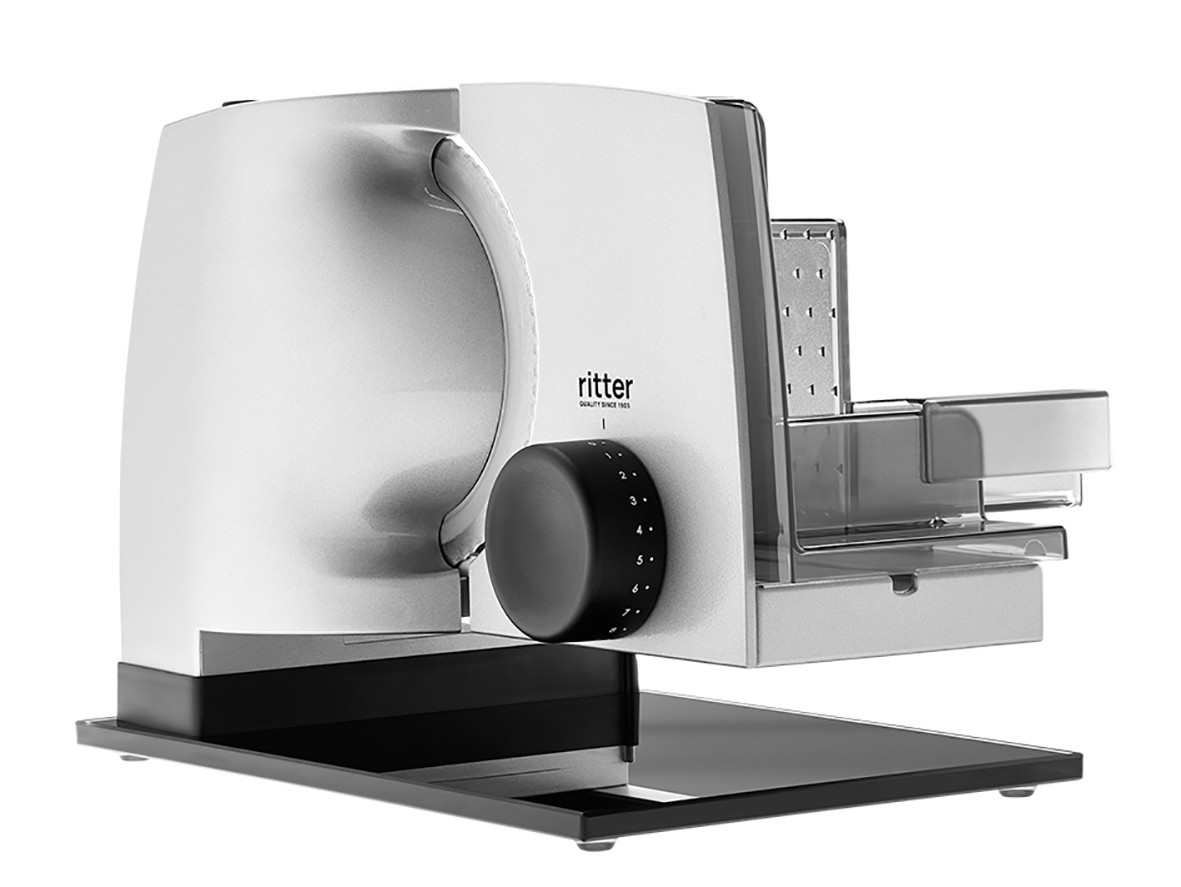 Elektrischer Allesschneider in silber, schräge Ansicht