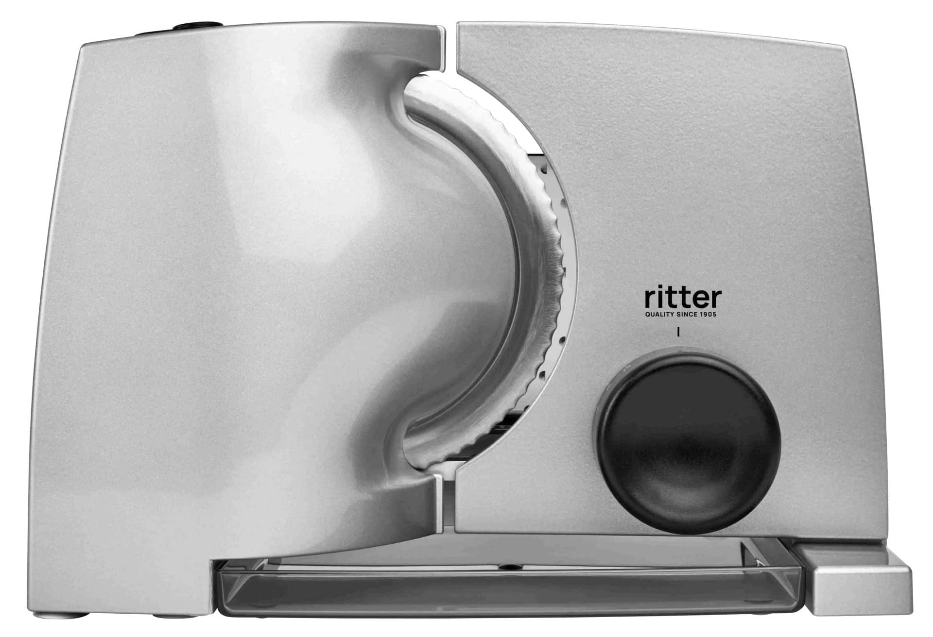 Electric food slicer in silver with black rotary knob Electric food slicer in silver with black rotary knob