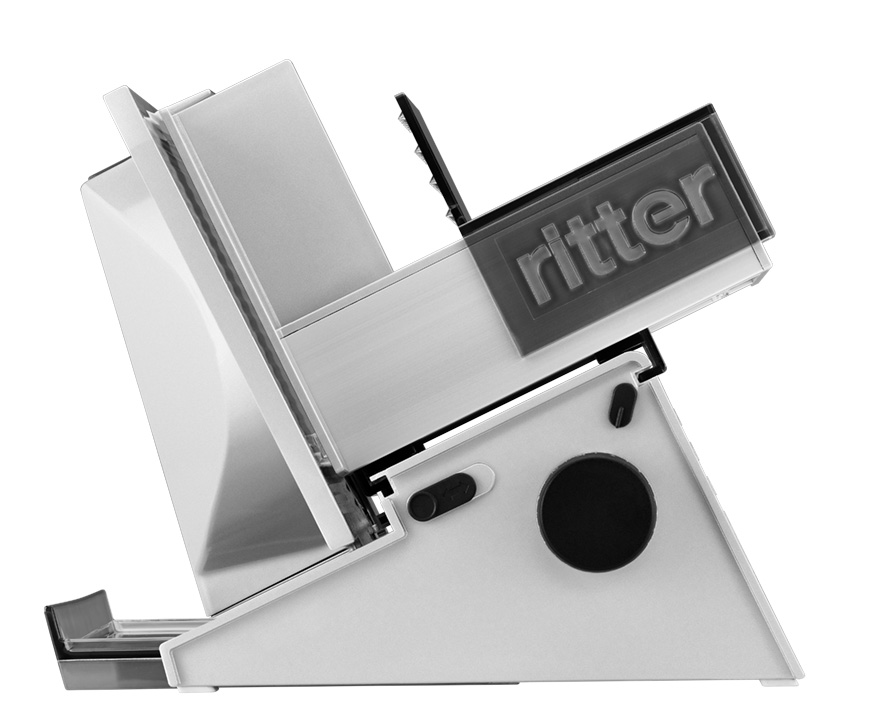 Elektrischer Allesschneider in silber, seitliche Ansicht