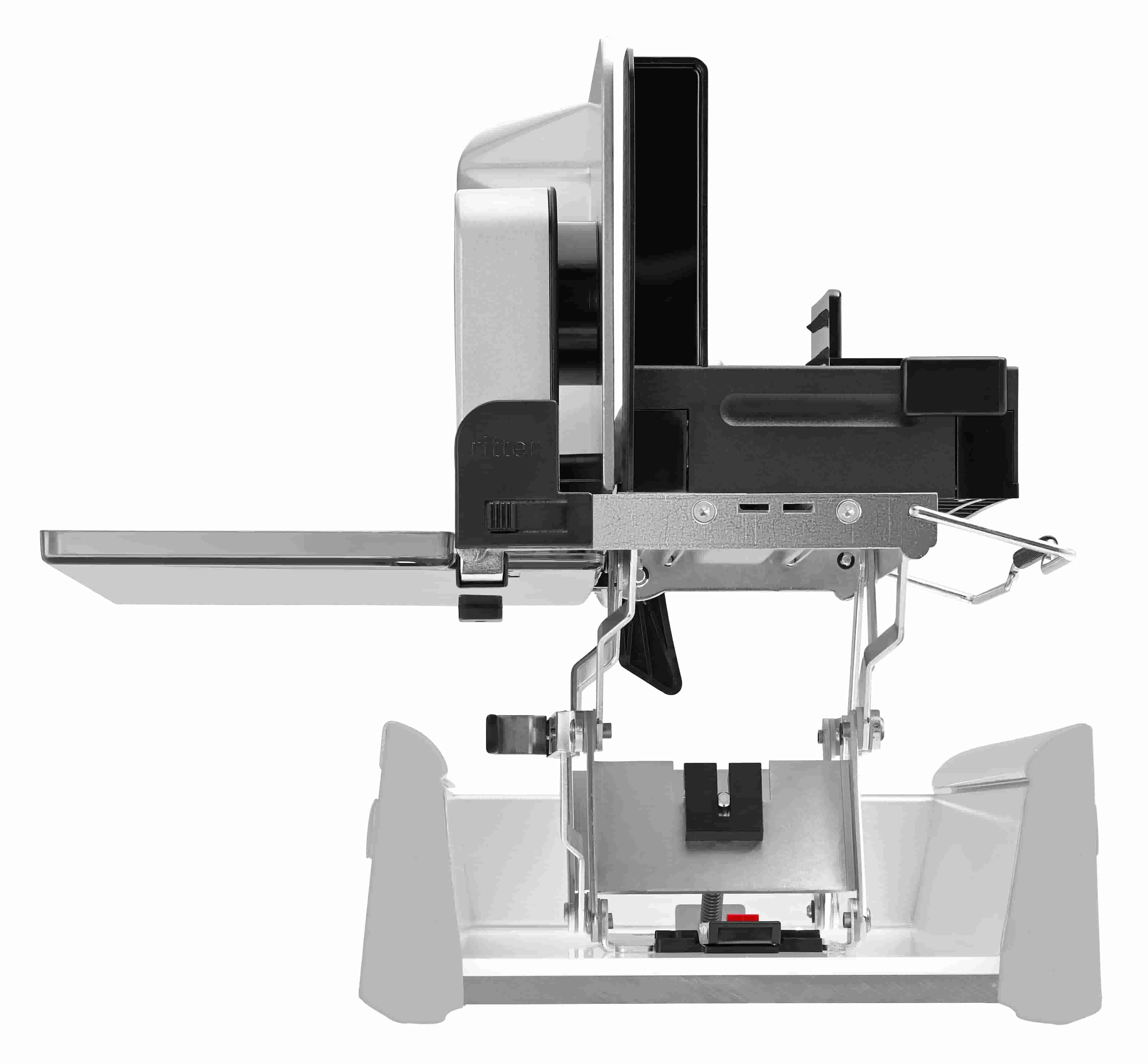 Electric built-in all food slicer in silver, folded view