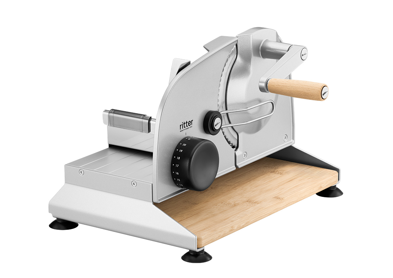 Silver manual food slicer of the brand ritter with black rotary knob, handle and bamboo board, side view with slightly inclined device