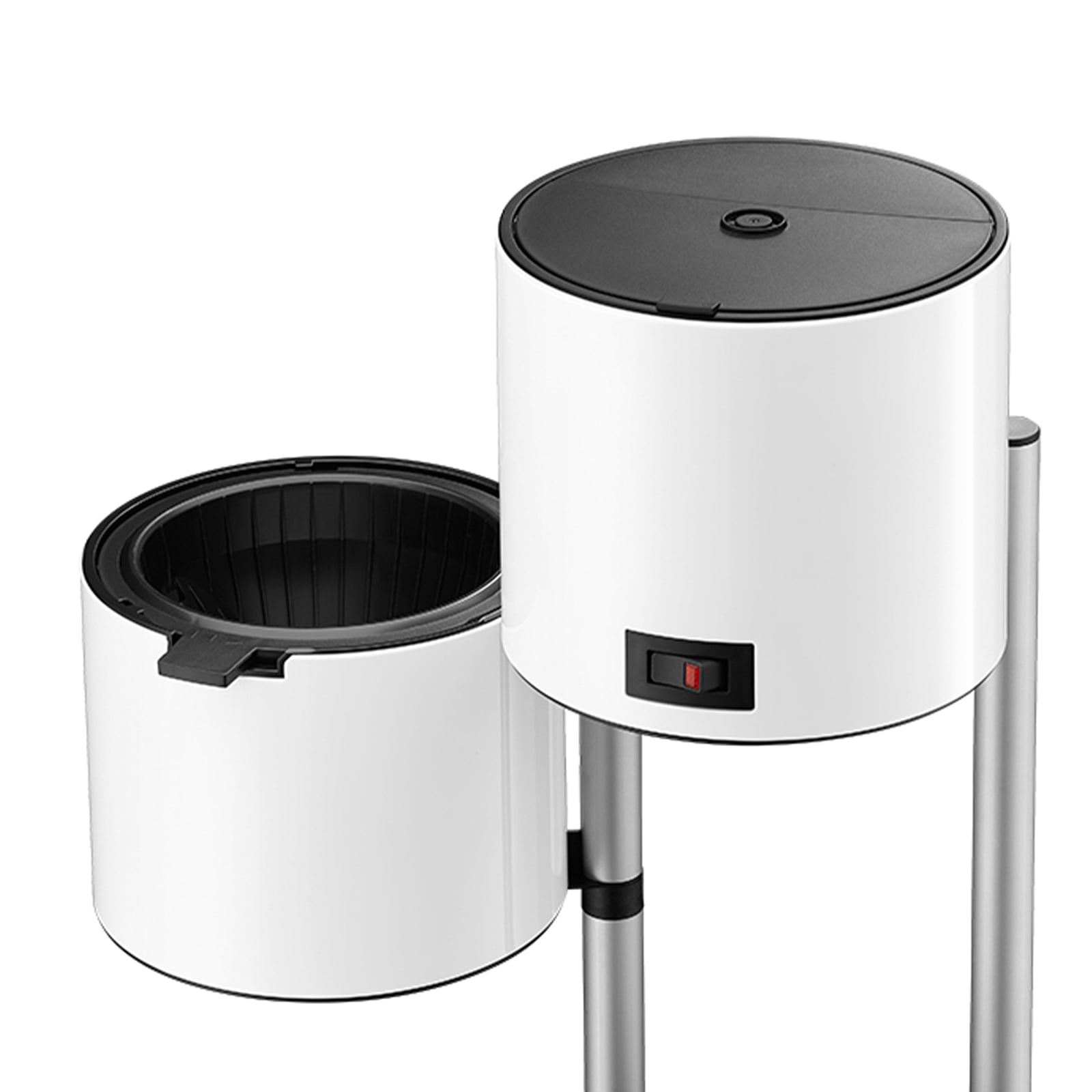 A picture of the water tank and the brewing unit of the white coffee machine.