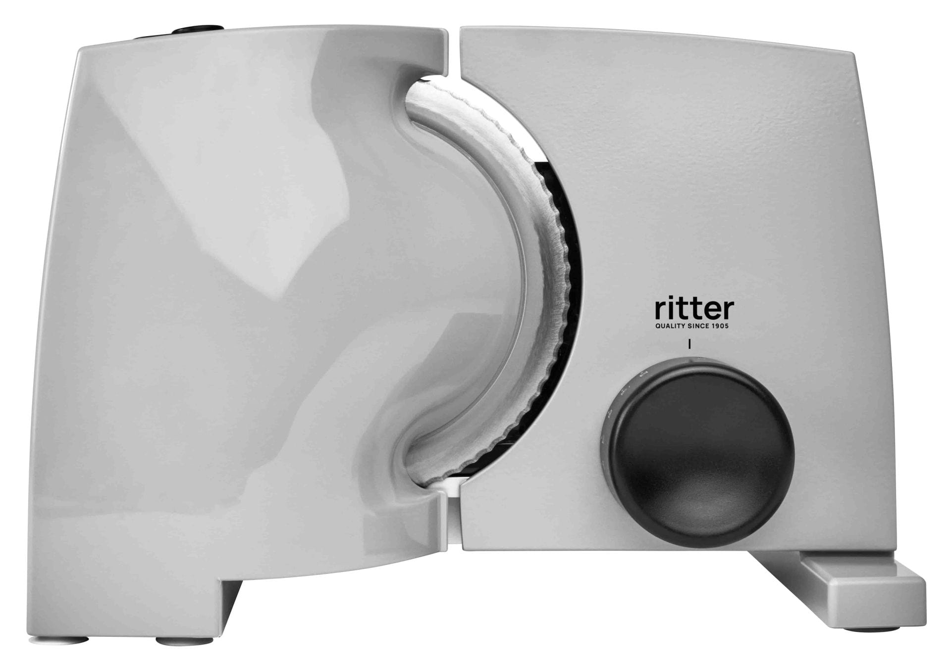 Electric food slicer in silver with black rotary knob Electric food slicer in silver with black rotary knob