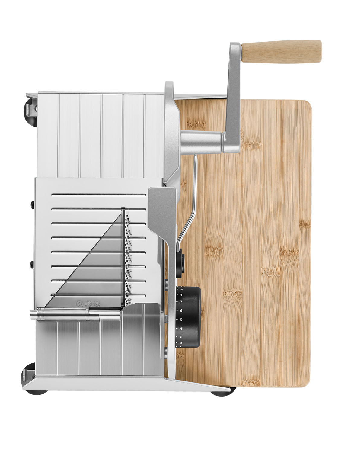 Silver manual food slicer of the brand ritter with black knob, handle and bamboo board from above