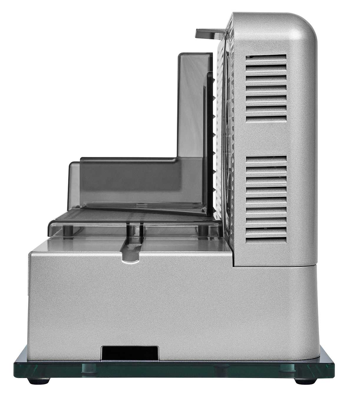 Electric food slicer in silver, side view