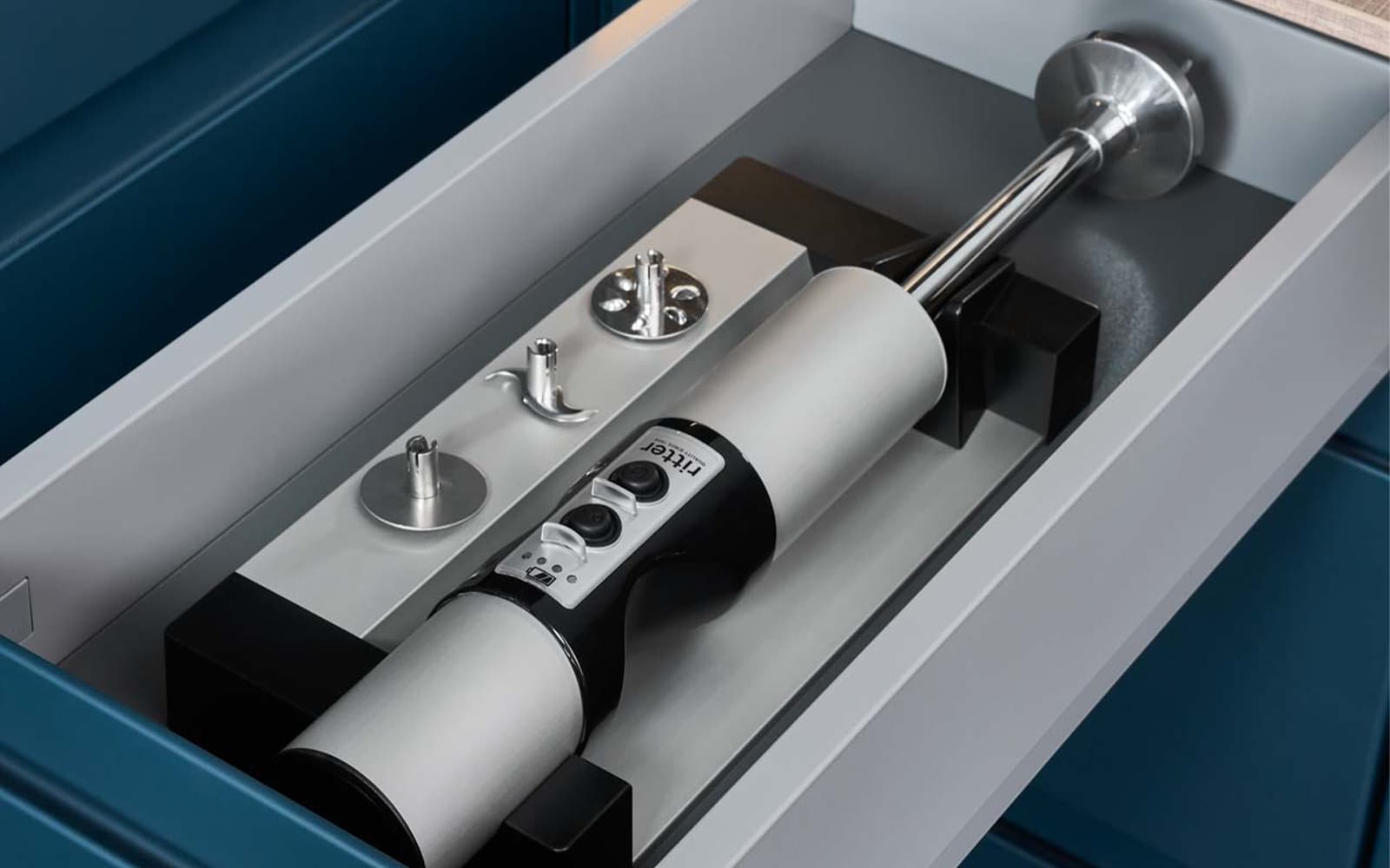 Built-in hand blender in a drawer in a modern kitchen