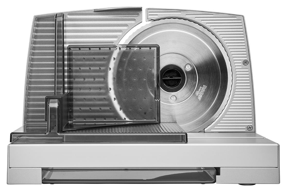 Elektrischer Allesschneider in silber, Rückansicht