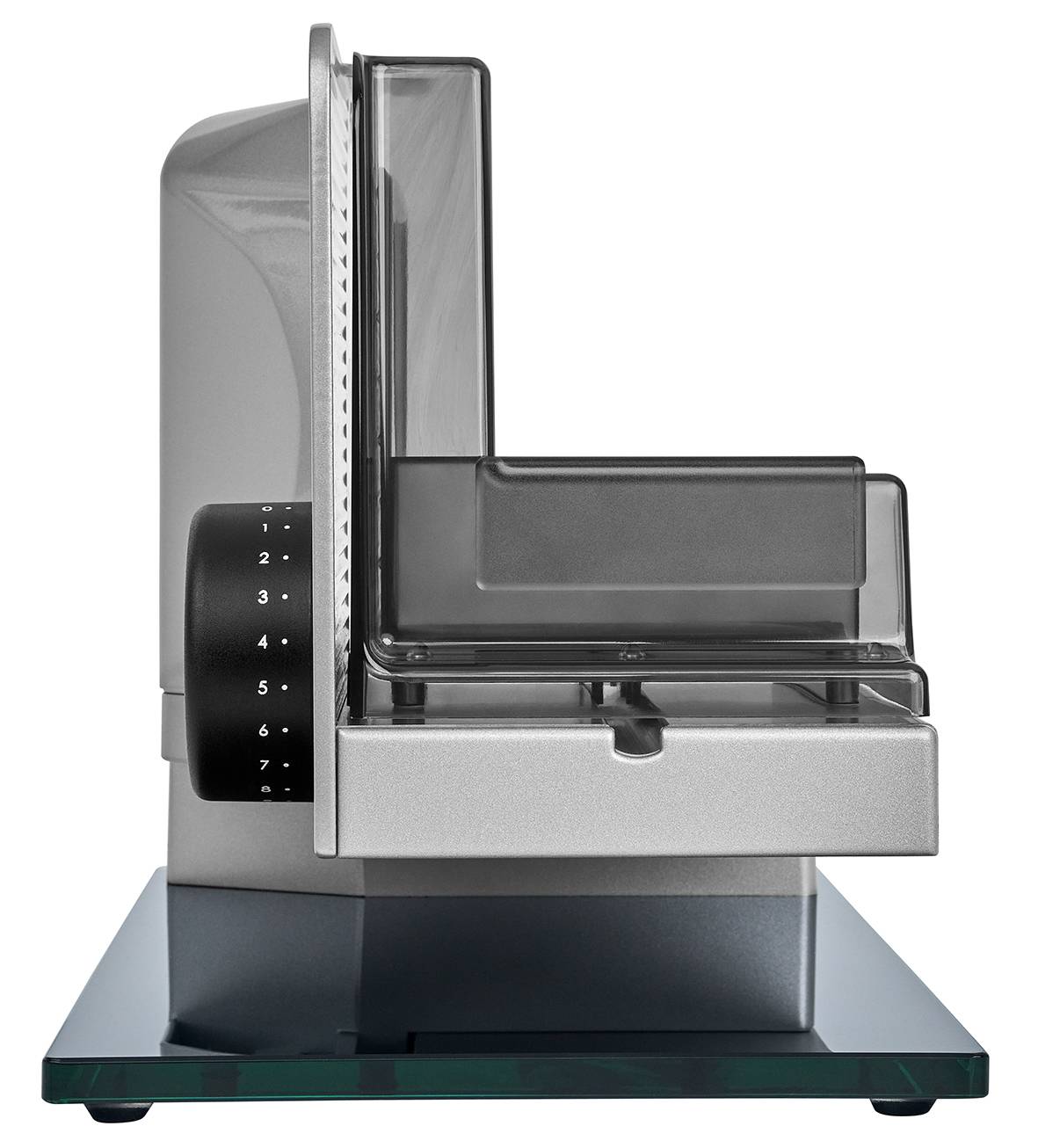 Electric food slicer in silver, side view
