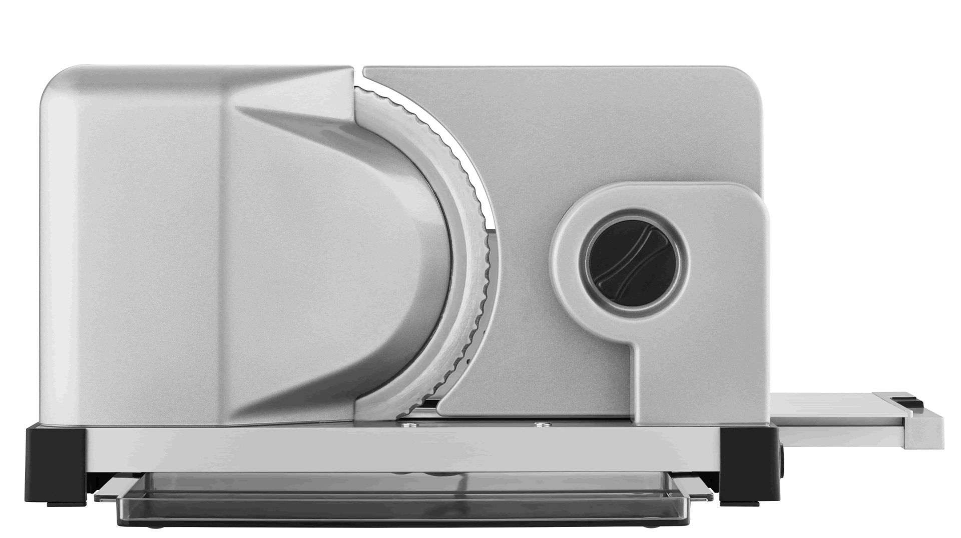 Electric food slicer in silver with black rotary knob Electric food slicer in silver with black rotary knob