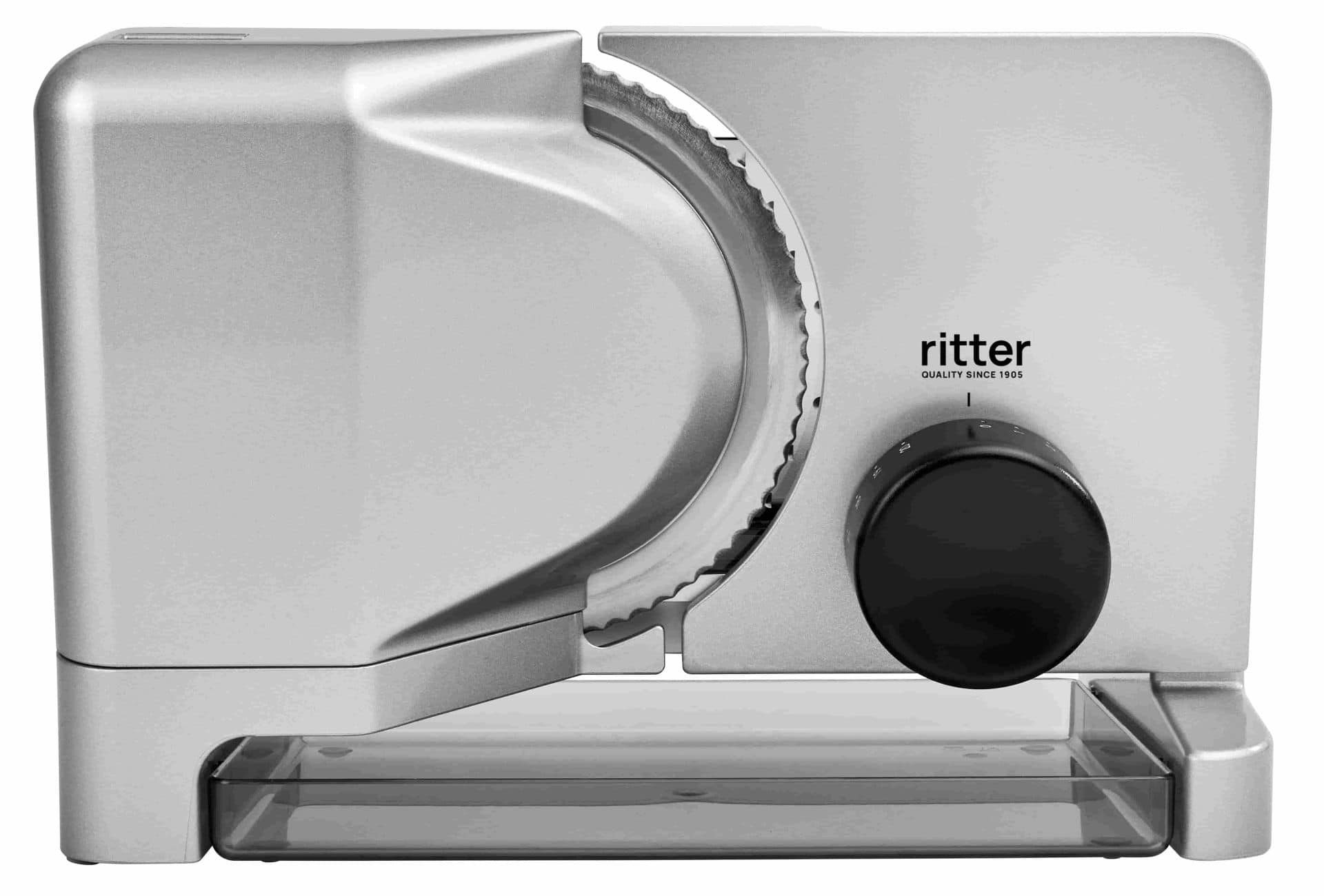 Electric food slicer in silver with black rotary knob