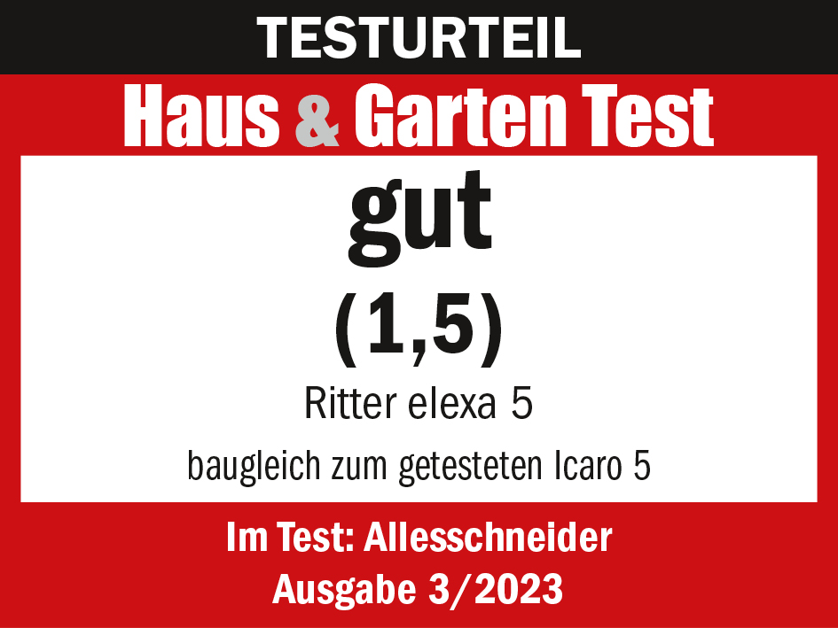 Auszeichnung Auszeichnung vom Haus und Garten Test für den einklappbaren und elektrischen Allesschneider elexa 5, mit der Note "gut" (1,5)