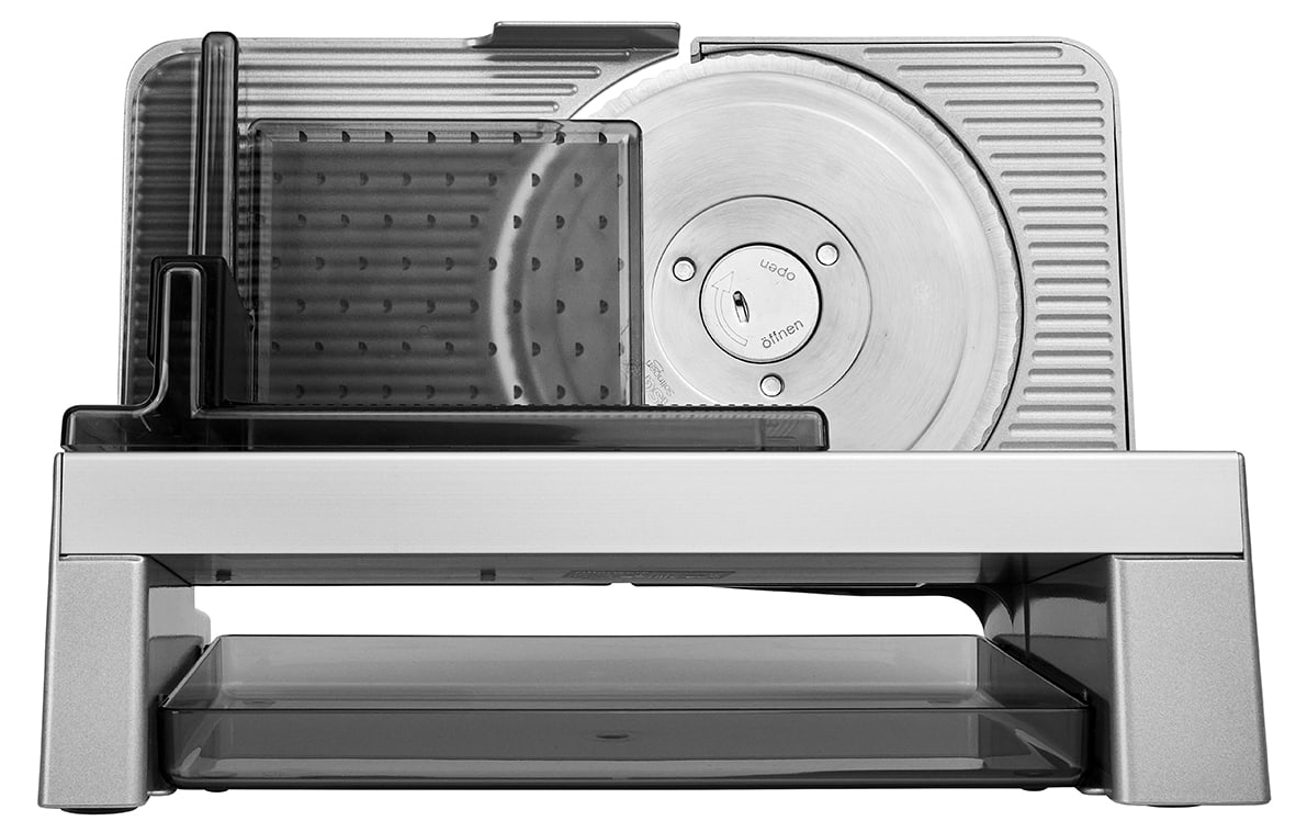 Electric food slicer in silver, rear view