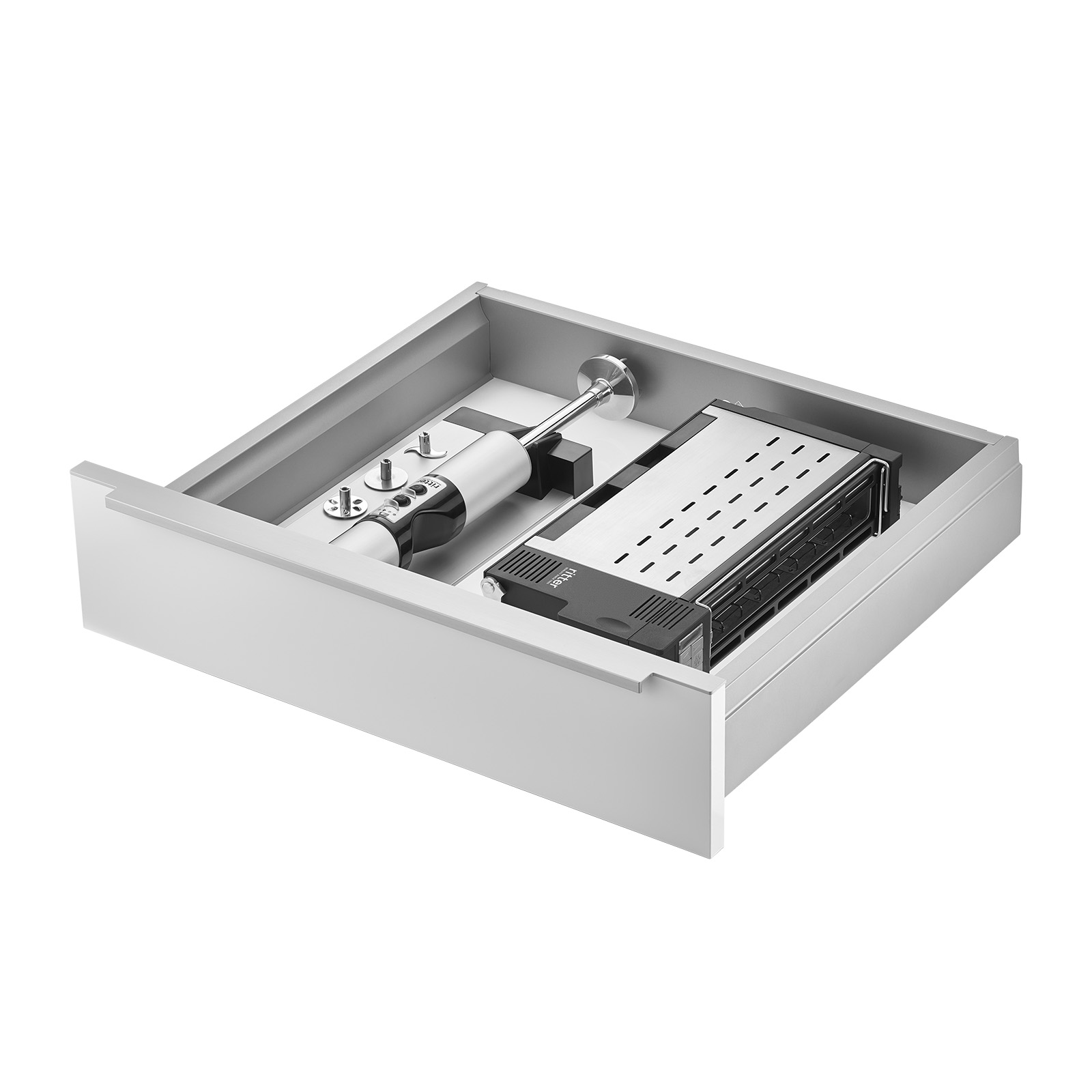 A picture of a drawer, with a built-in combination of a built-in stick blender and a built-in toaster, with a white background. A picture of a drawer, with a built-in combination of a built-in stick blender and a built-in toaster, with a white background.