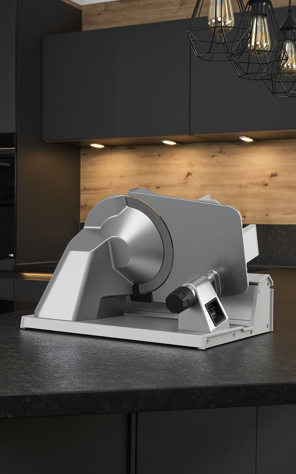 A picture of an electric all-purpose slicer standing on a kitchen platform and slicing bread.