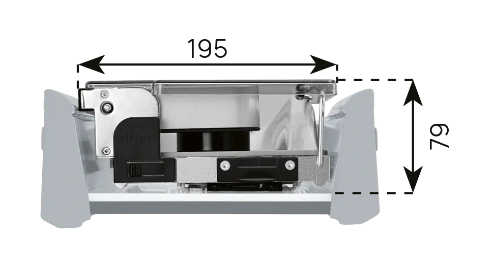 A picture of a dimensional drawing of the built-in universal cutter, with the technical data 2.