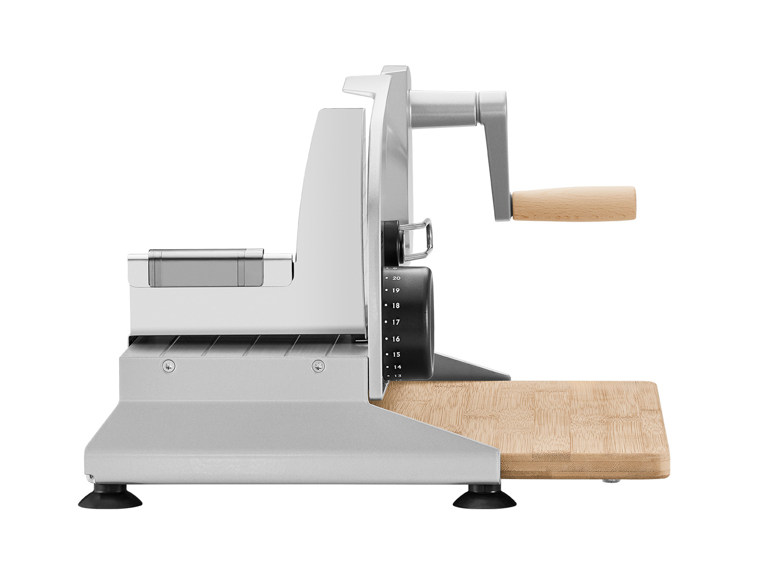 Silver manual food slicer of the brand ritter with black knob, handle and bamboo board from the left side