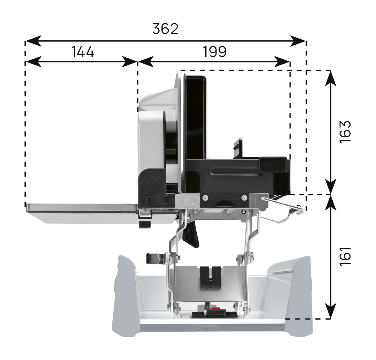A picture of a dimensional drawing of the built-in universal cutter, with the technical data 1.