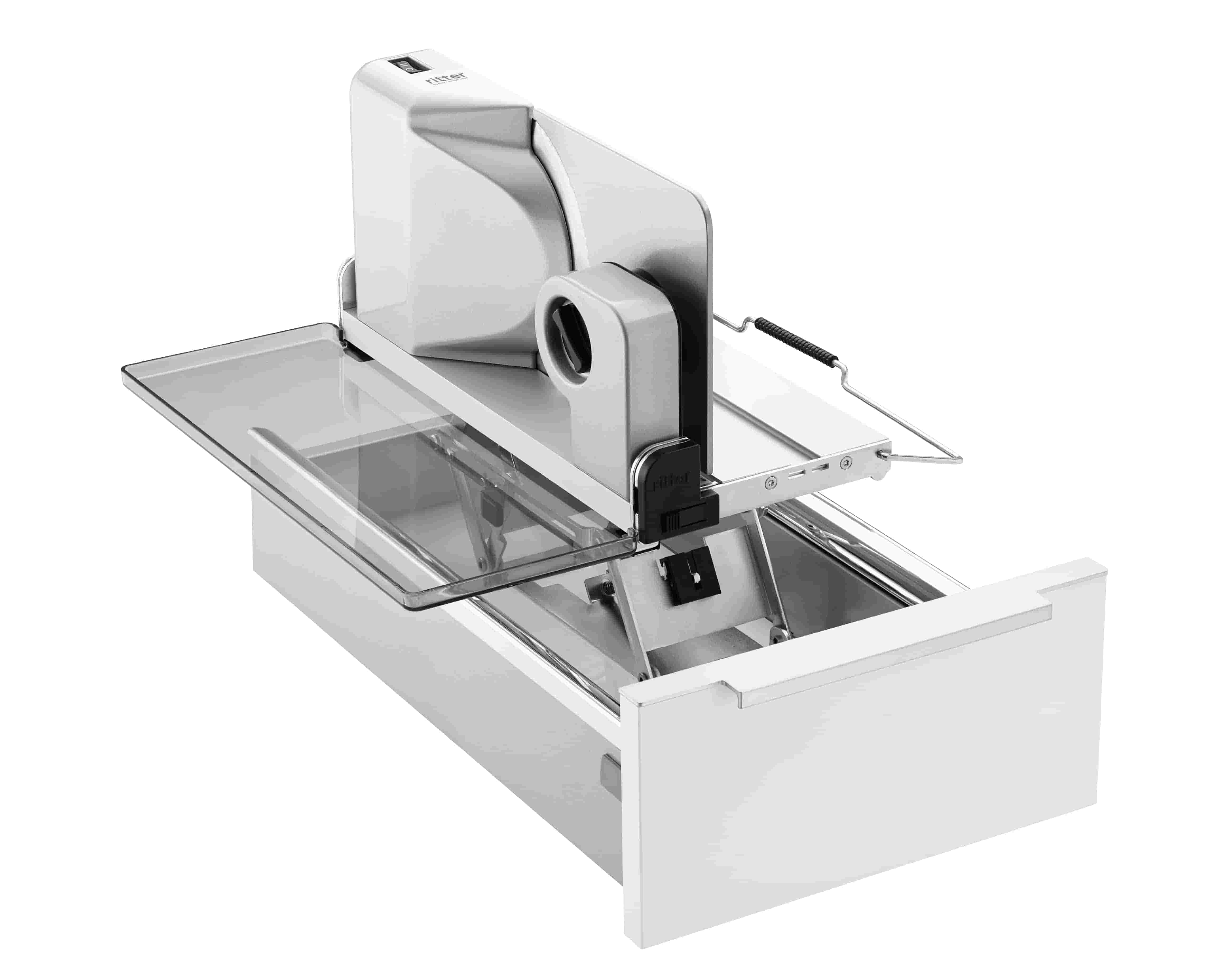 Electric built-in all food slicer in silver, angled view