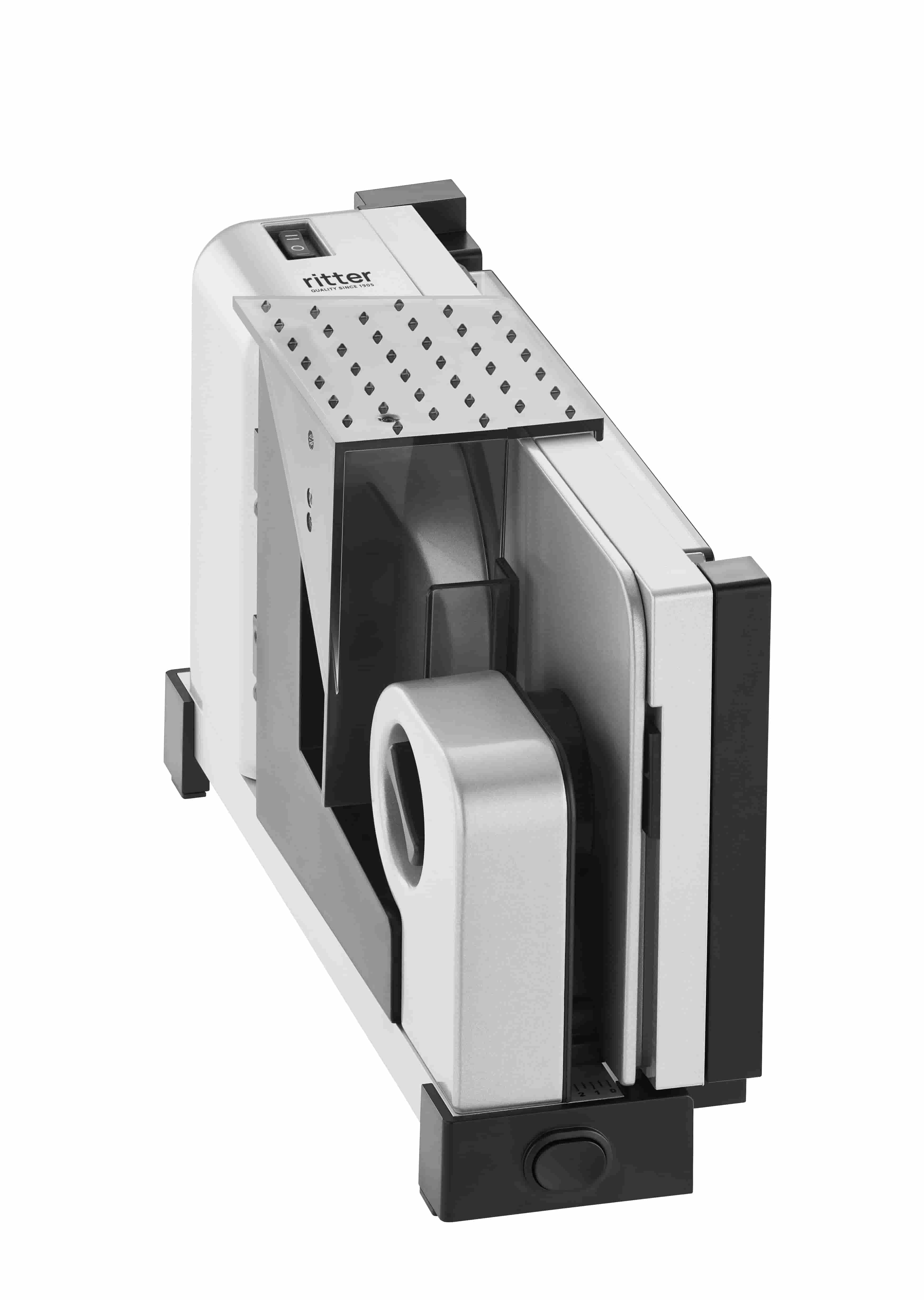 Elektrischer Allesschneider in silber, schräge Ansicht