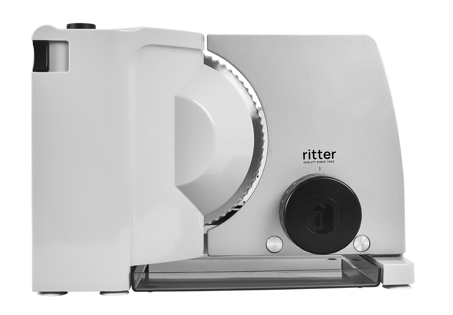Electric food slicer in silver with black rotary knob