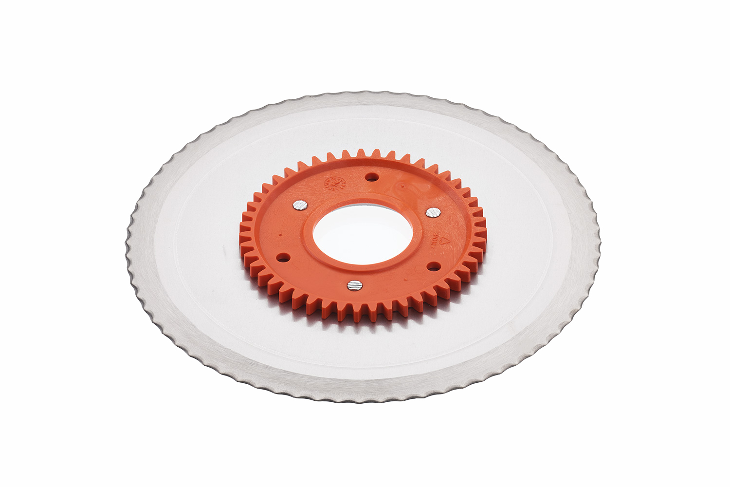 Serrated circular blade with an orange gear Serrated circular blade with an orange gear
