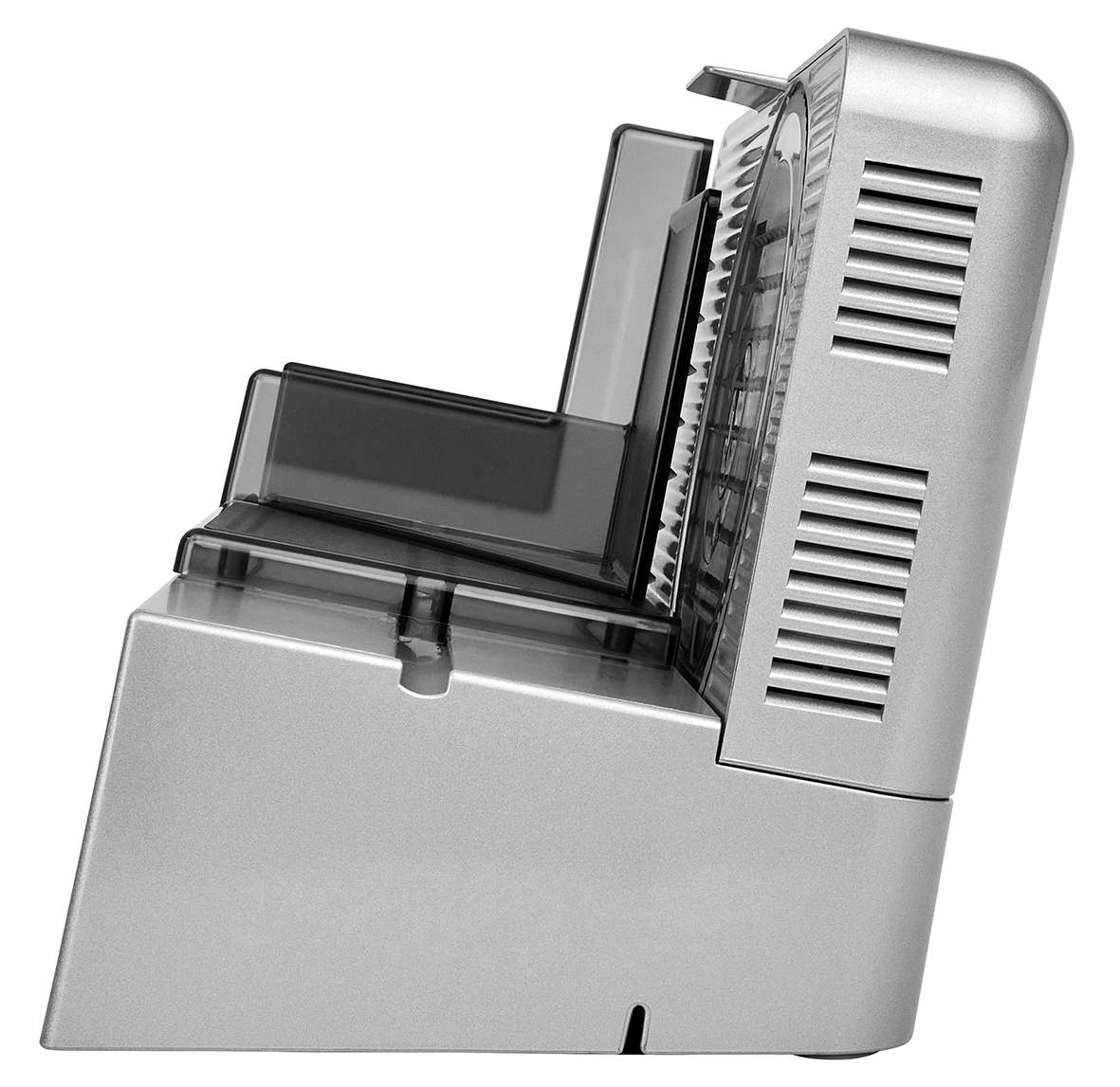 Electric food slicer in silver, side view