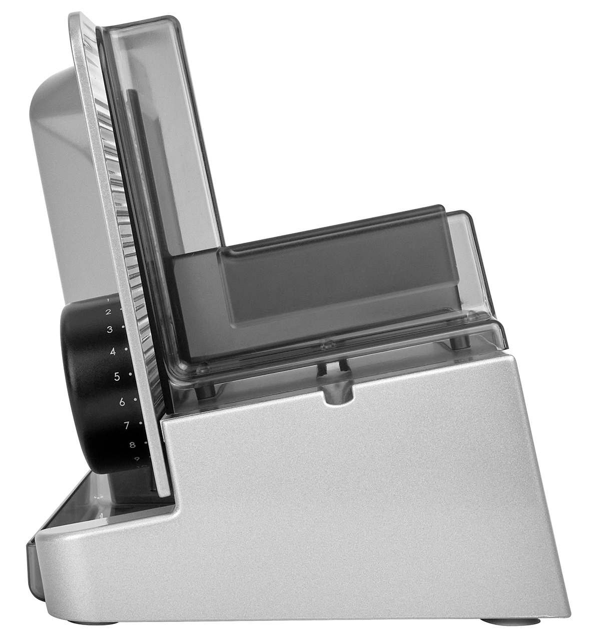 Electric food slicer in silver, side view