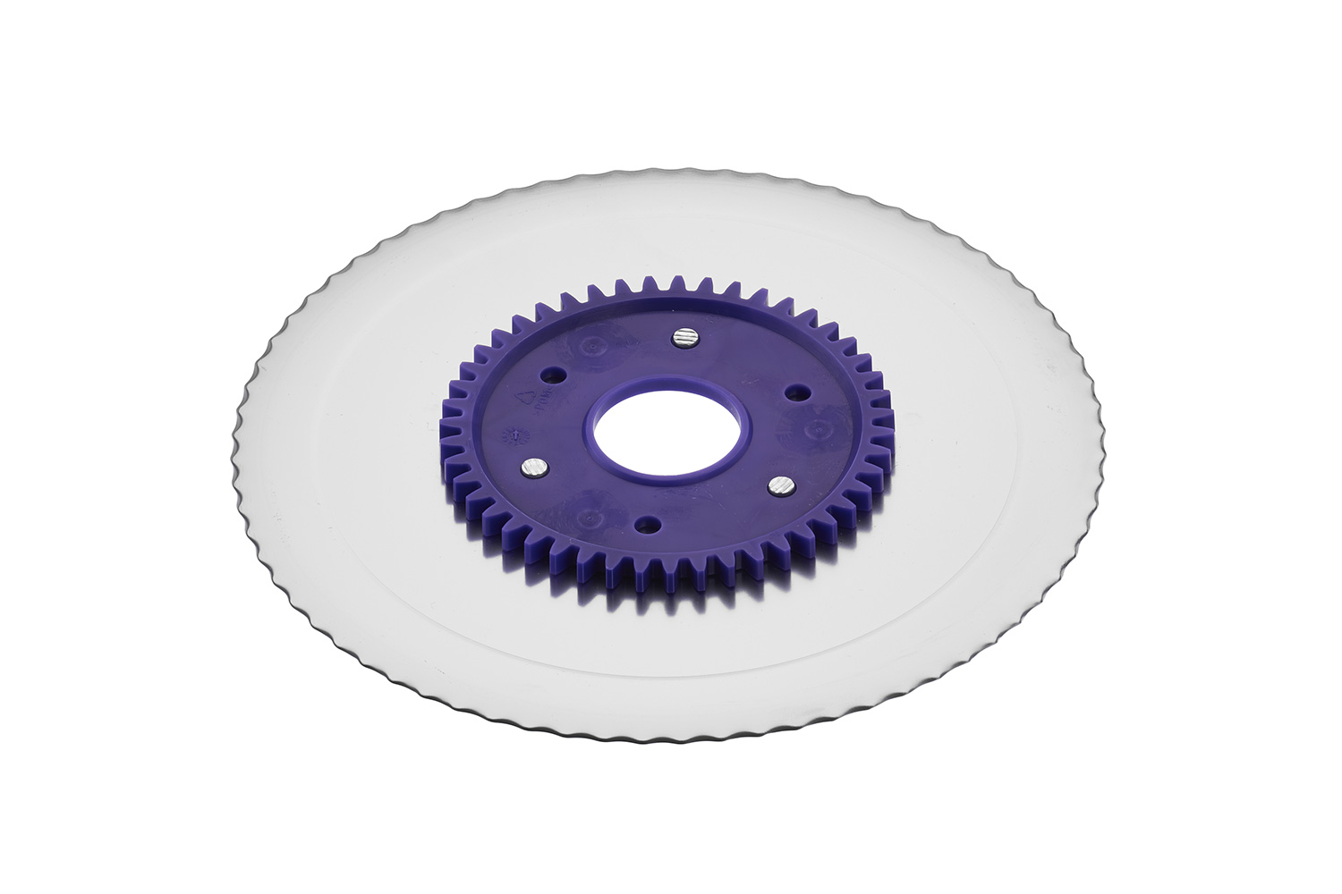 Serrated circular blade with electropolished surface and a purple gear Serrated circular blade with electropolished surface and a purple gear
