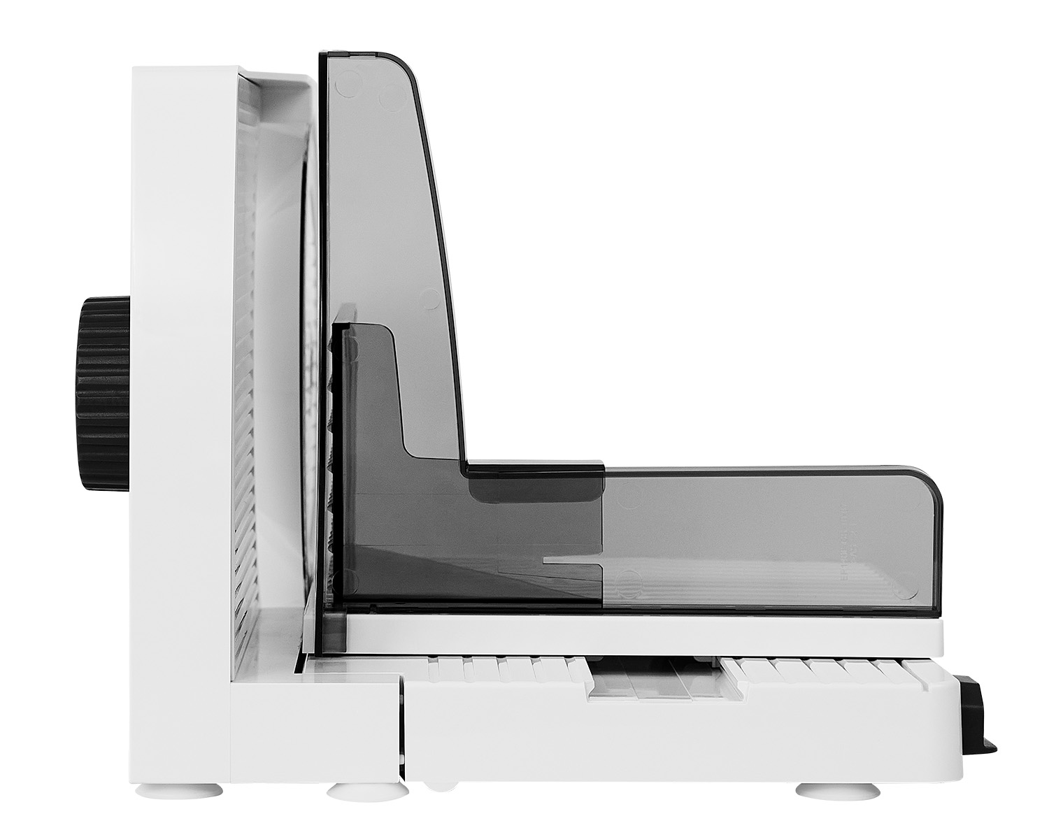 Weißer Allesschneider aus Kunststoff; seitliche Ansicht