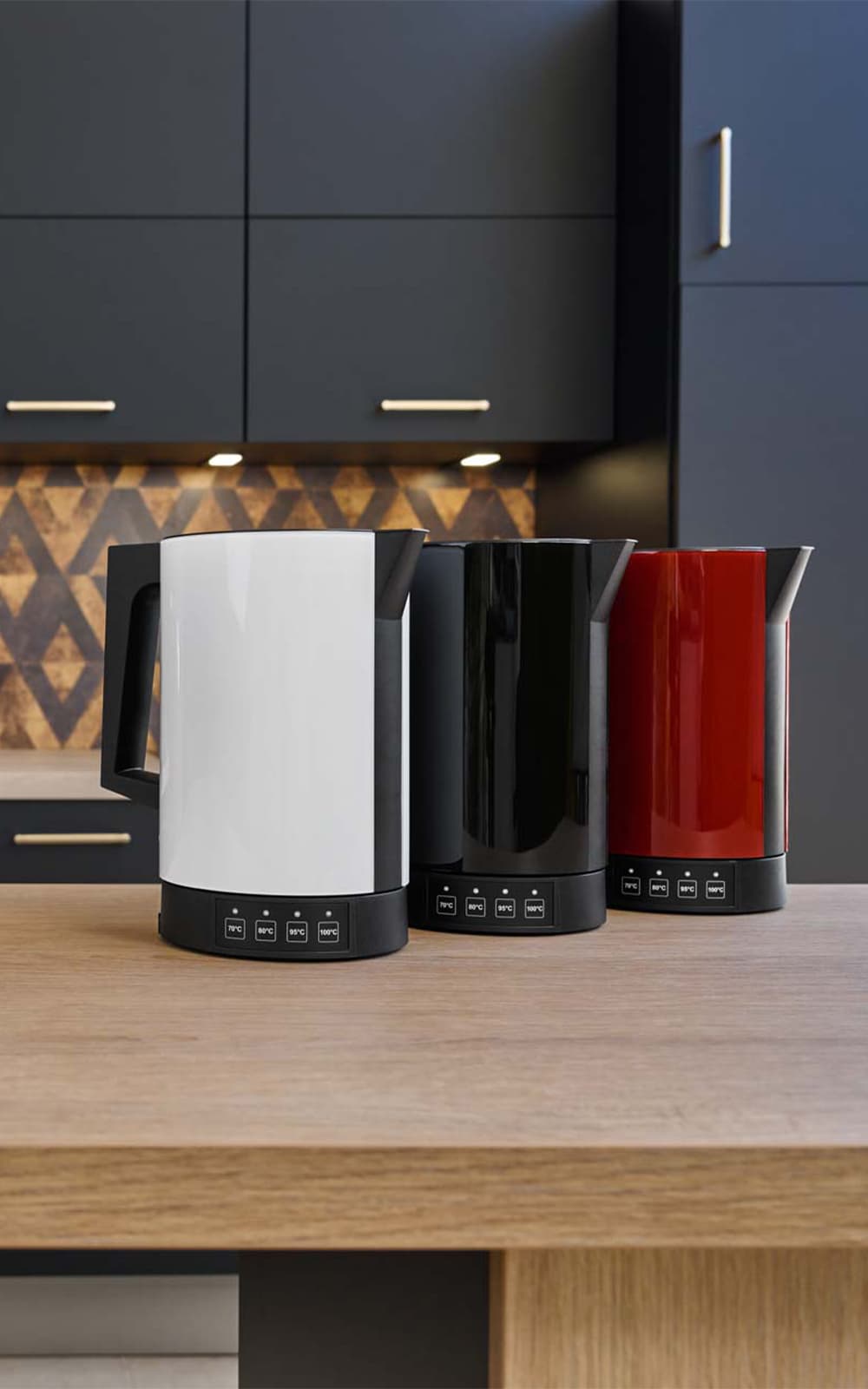 A picture of a red, a black and a white kettle standing next to each other on a kitchen platform. A picture of a red, a black and a white kettle standing next to each other on a kitchen platform.