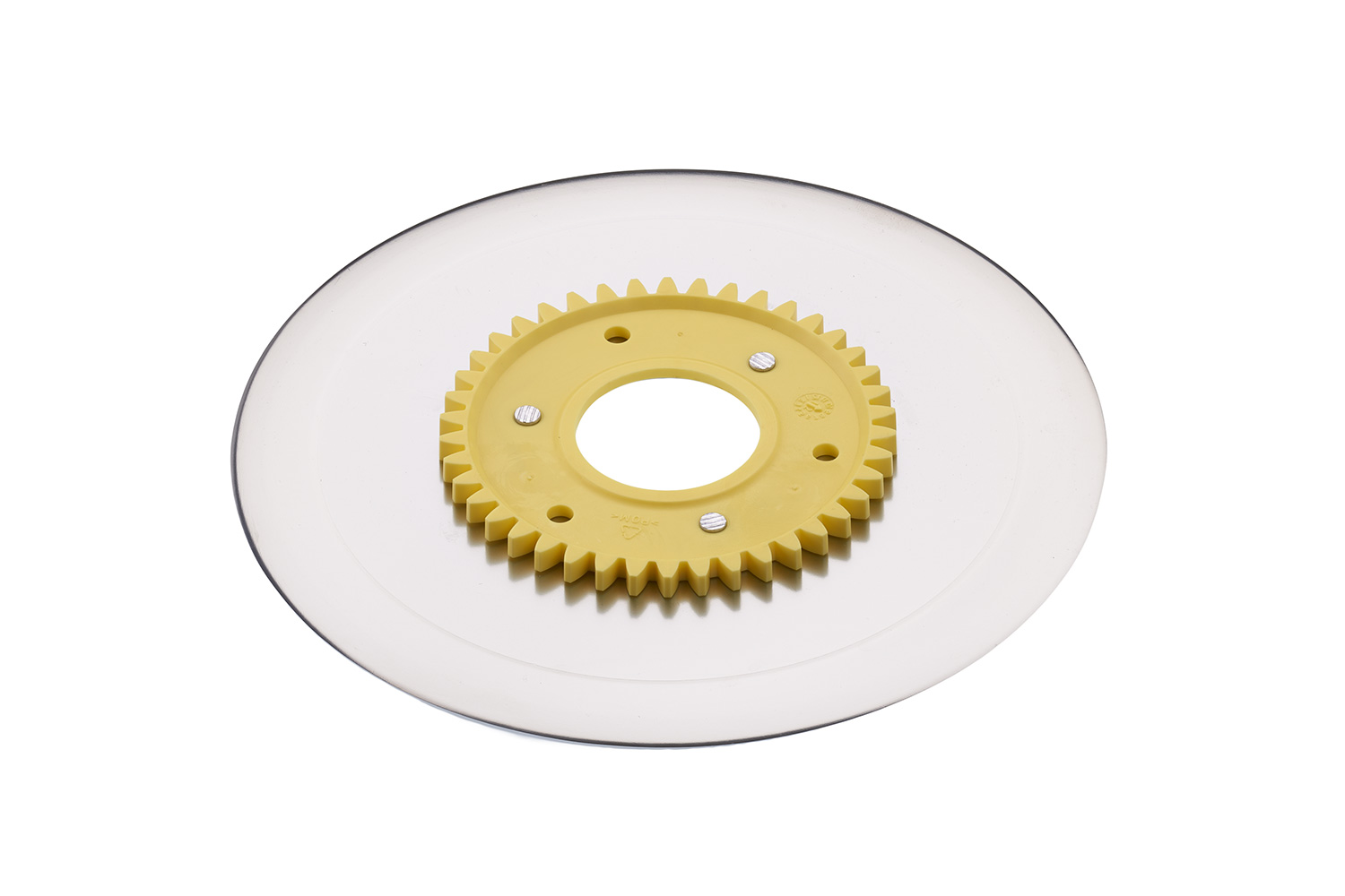Ham- and sausage circular blade with electropolished surface and a yellow gear Ham- and sausage circular blade with electropolished surface and a yellow gear