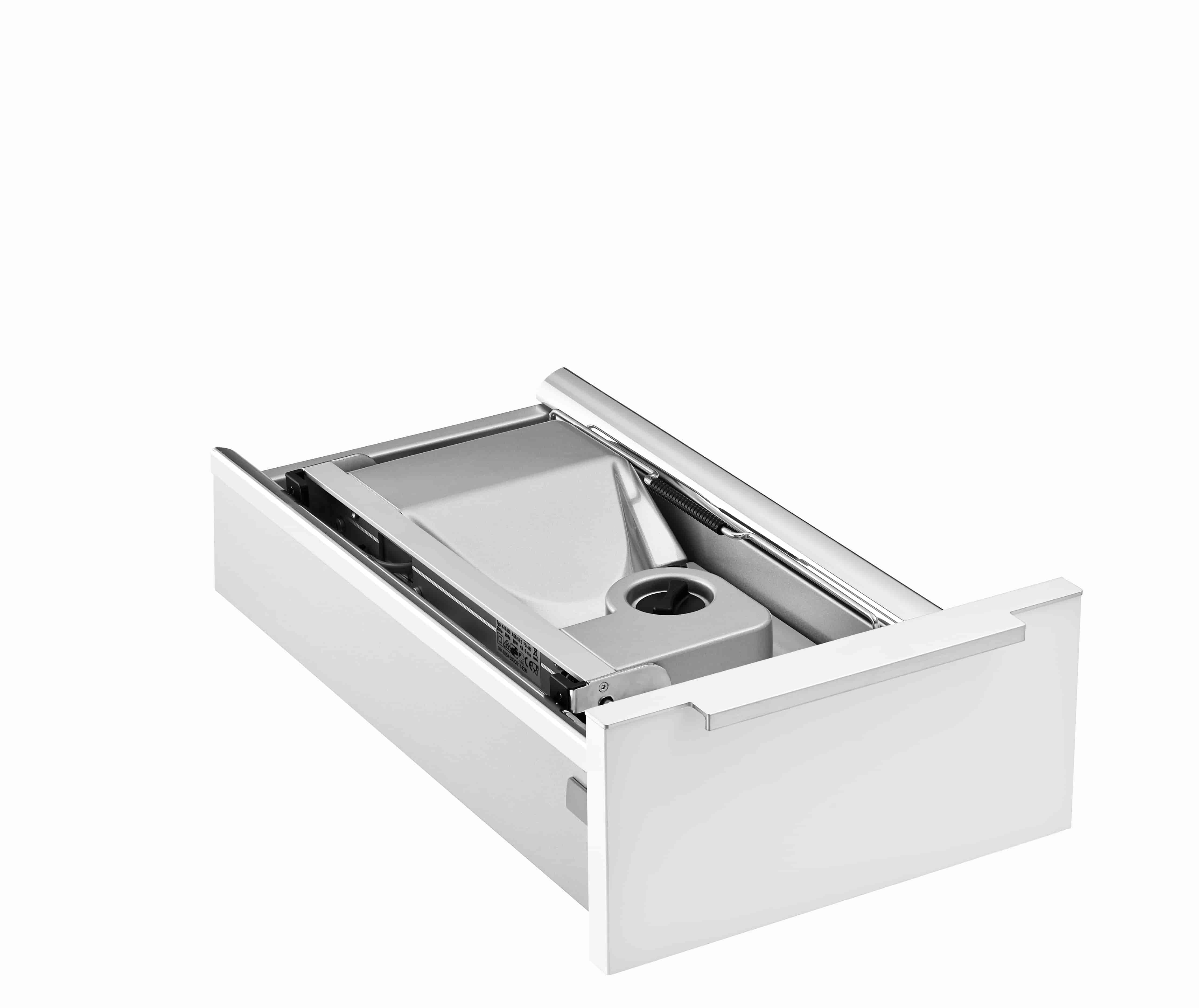 Electric built-in all food slicer in silver, folded view
