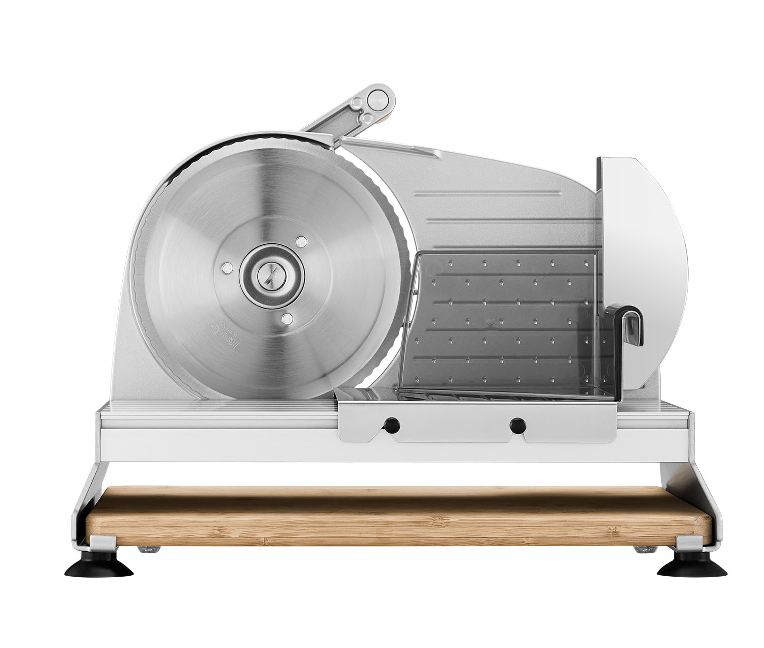 Silver manual food slicer of the brand ritter with black knob, handle and bamboo board from the back side