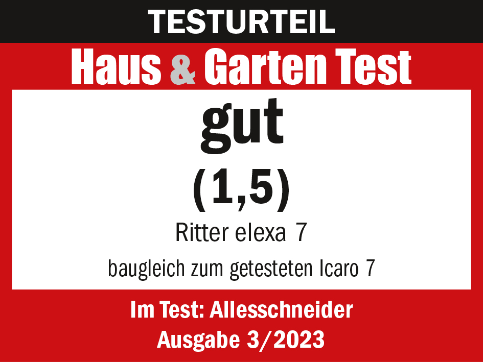 Award from Haus und Garten Test for the elexa 7 folding and electric all-purpose slicer, with the grade “good” (1.5)