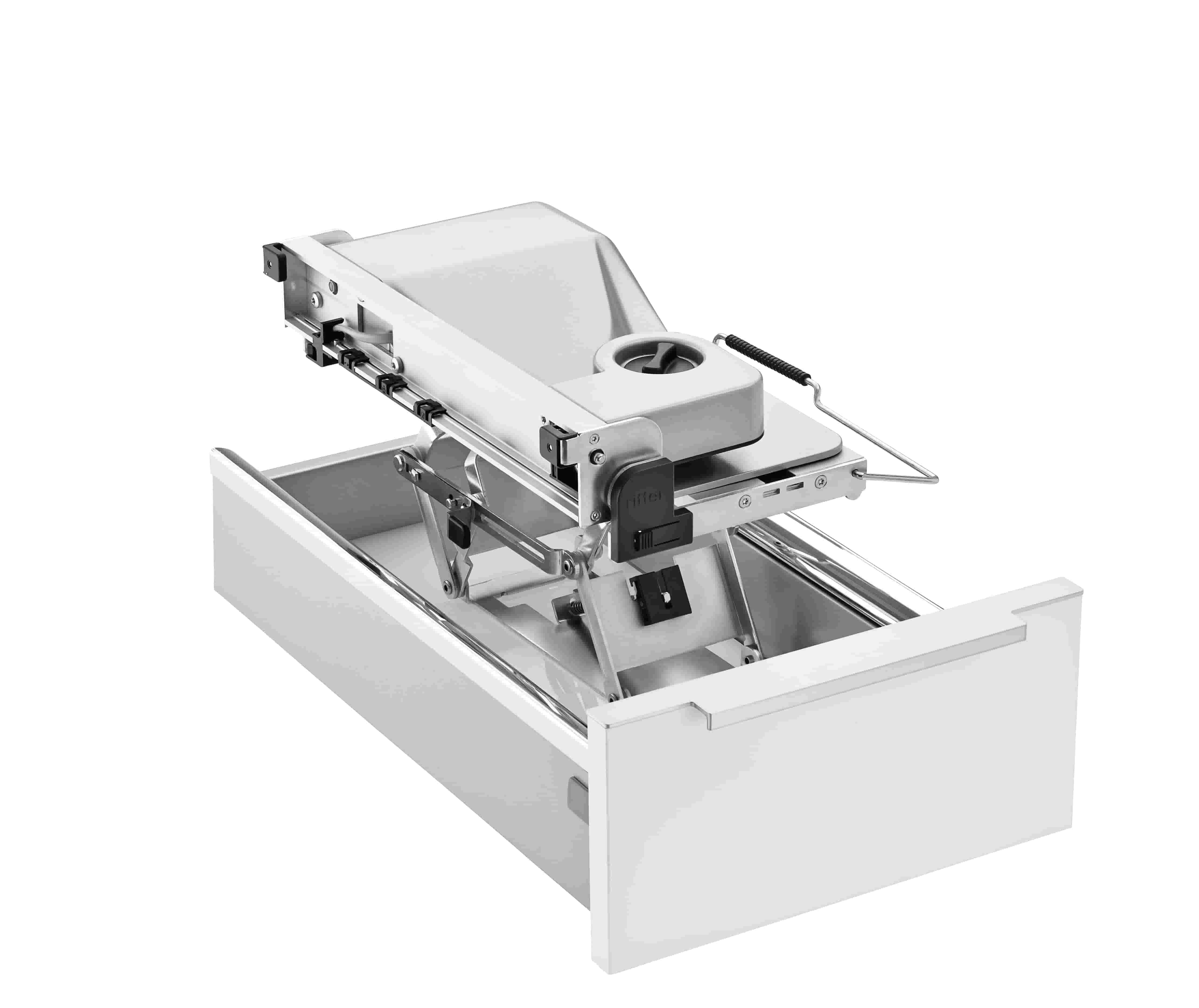 Electric built-in all food slicer in silver, angled view