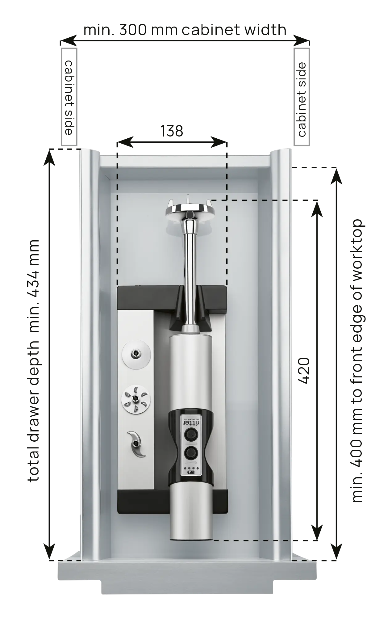 A picture of a dimensional drawing of the built-in hand blender, with the technical data 1.