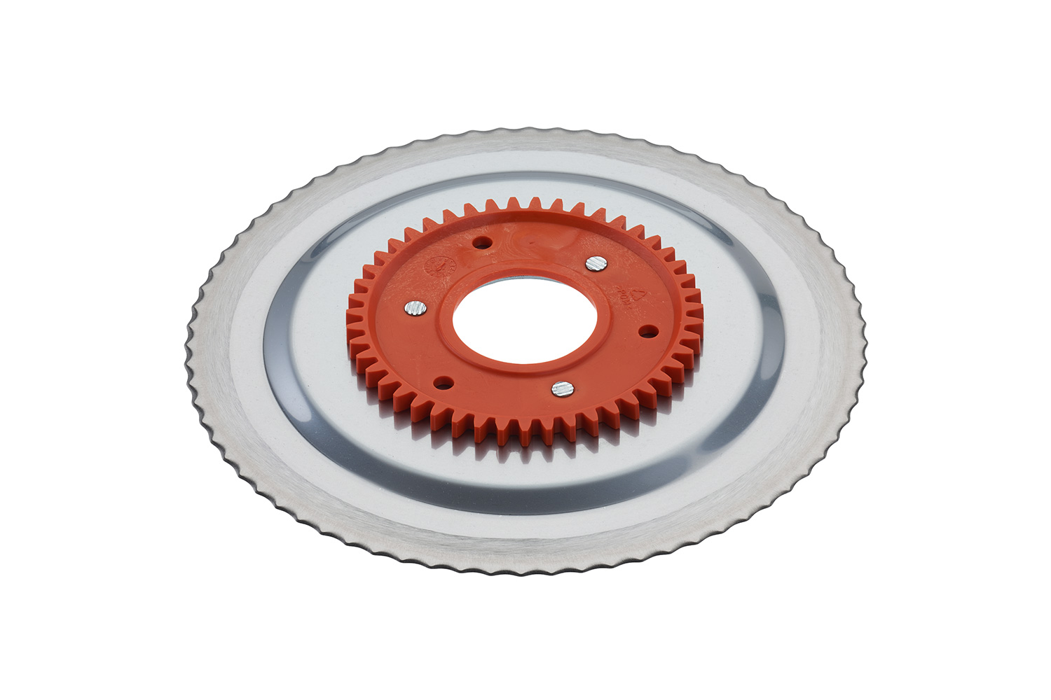 Standard serrated circular blade with an orange gear
