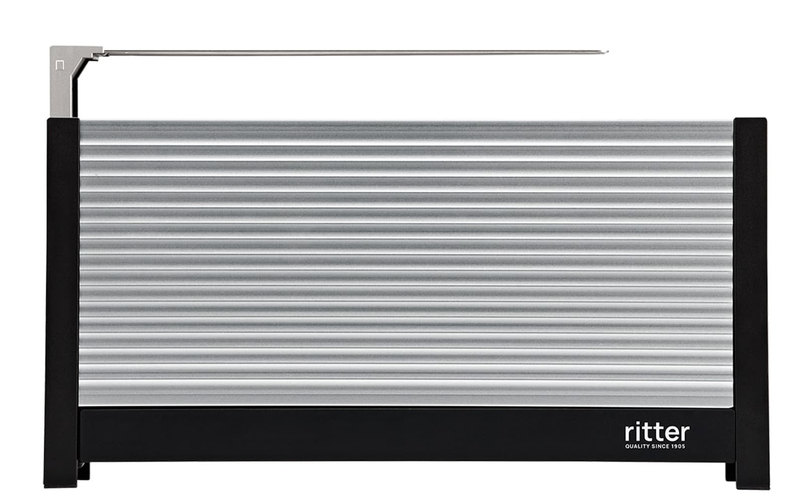 A picture of an aluminum toaster.