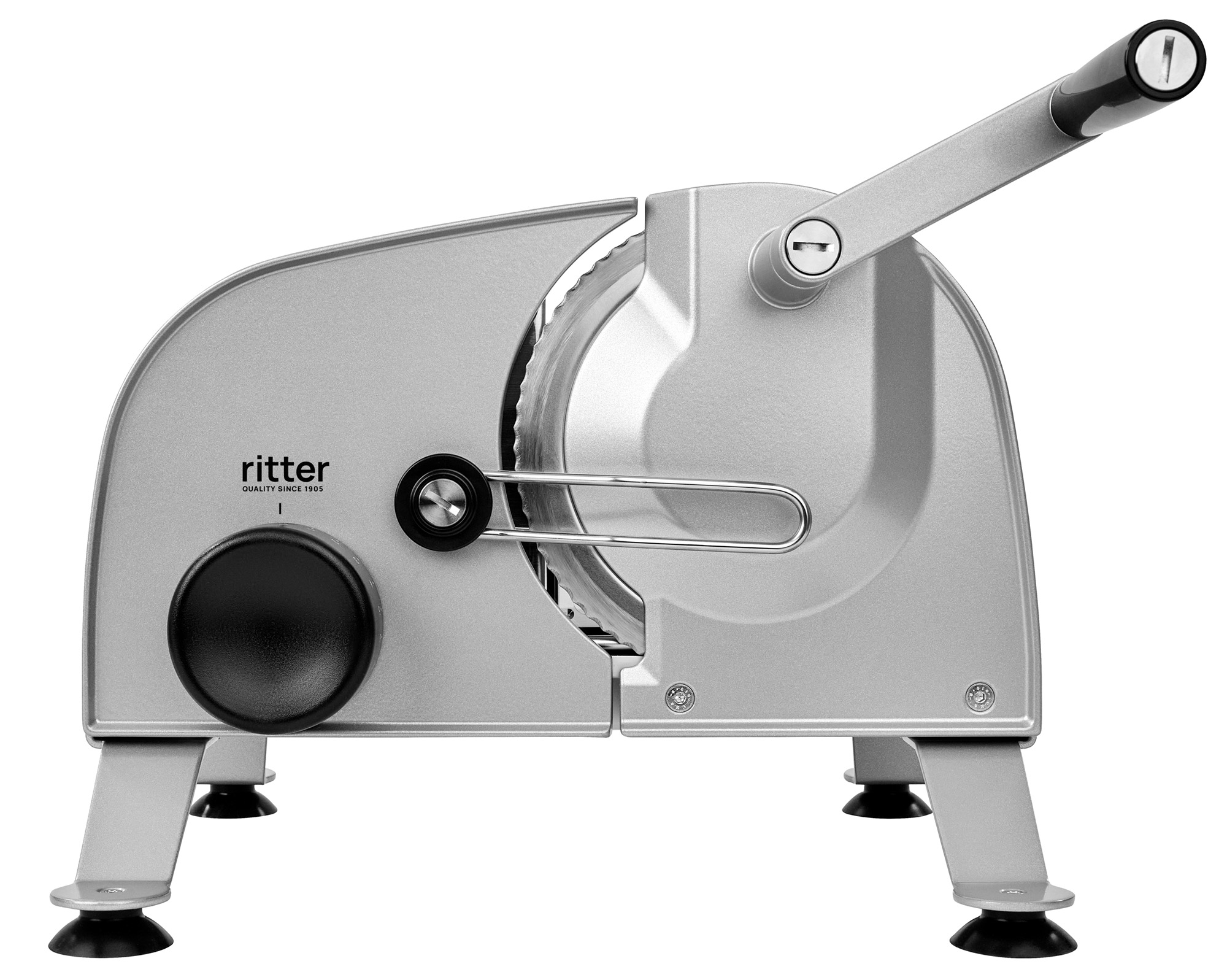 Silver manual food slicer from the brand ritter with black knob and handle Silver manual food slicer from the brand ritter with black knob and handle