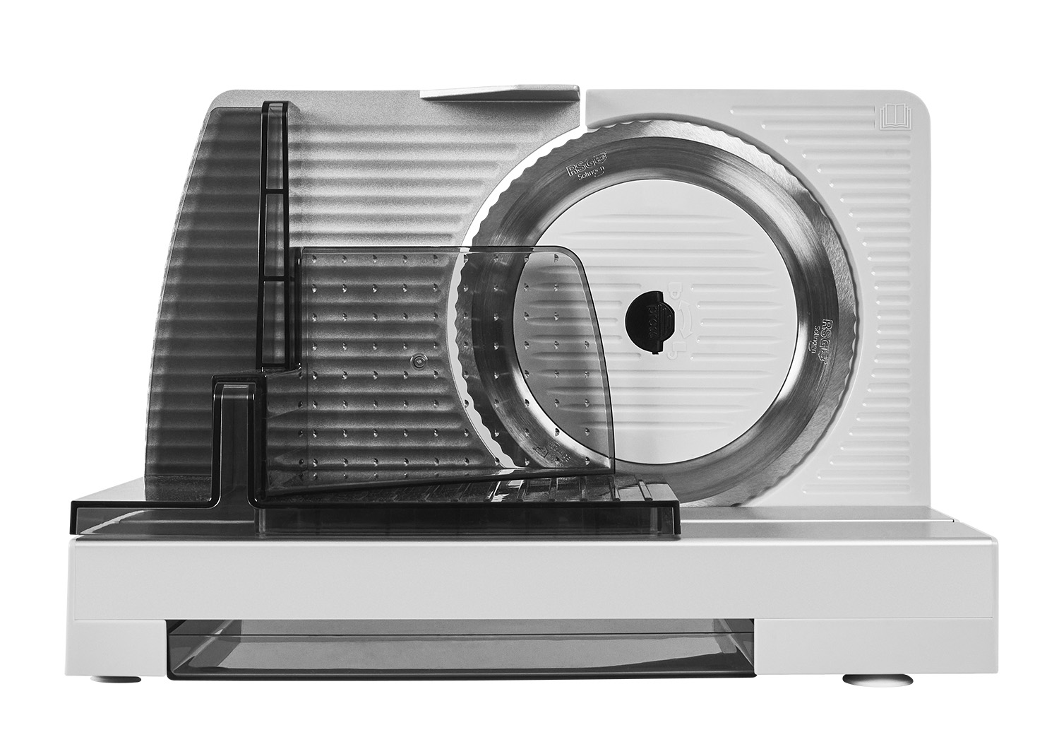 Electric food slicer in silver, rear view