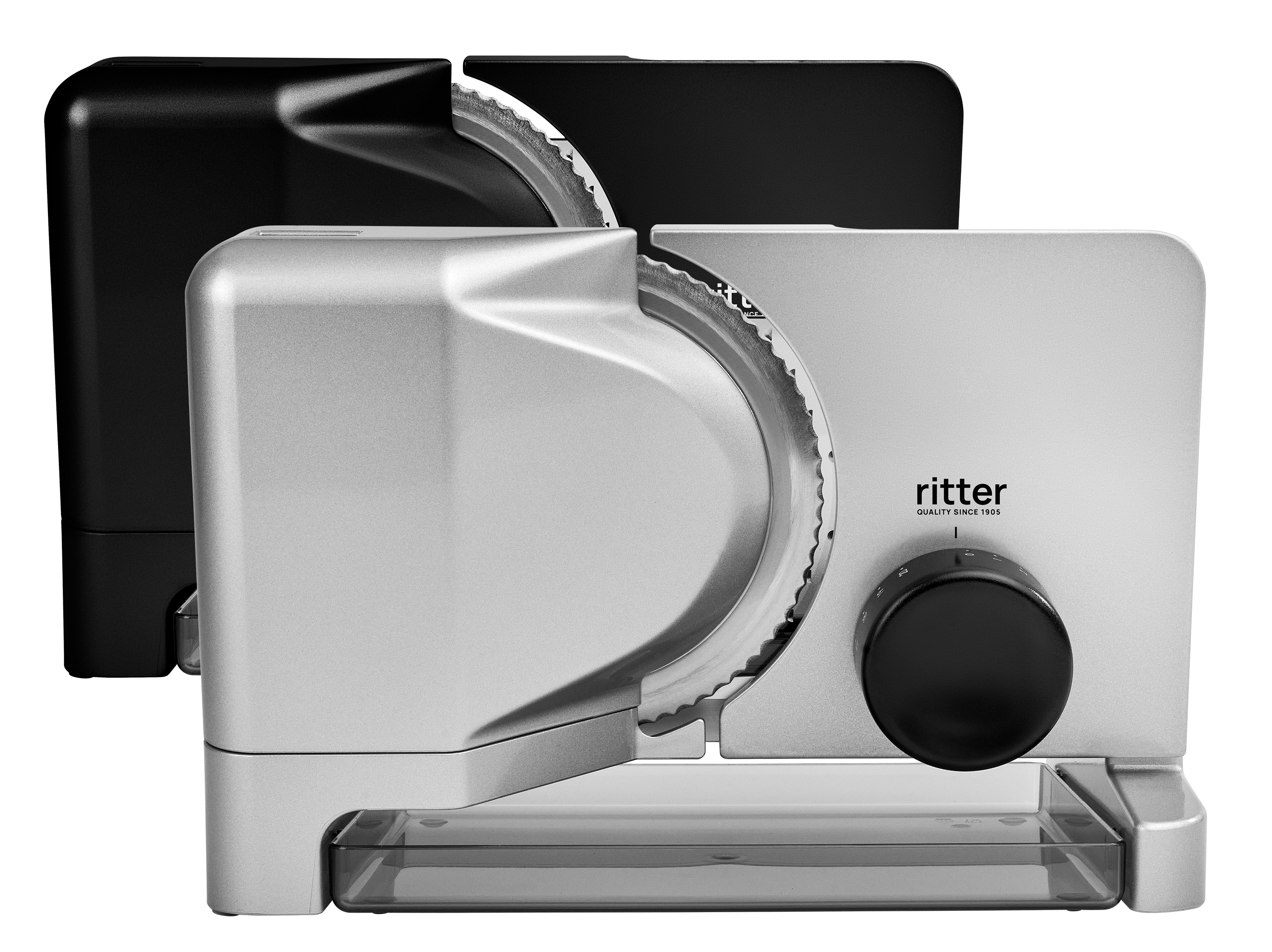 Electric food slicer in silver and black Electric food slicer in silver and black
