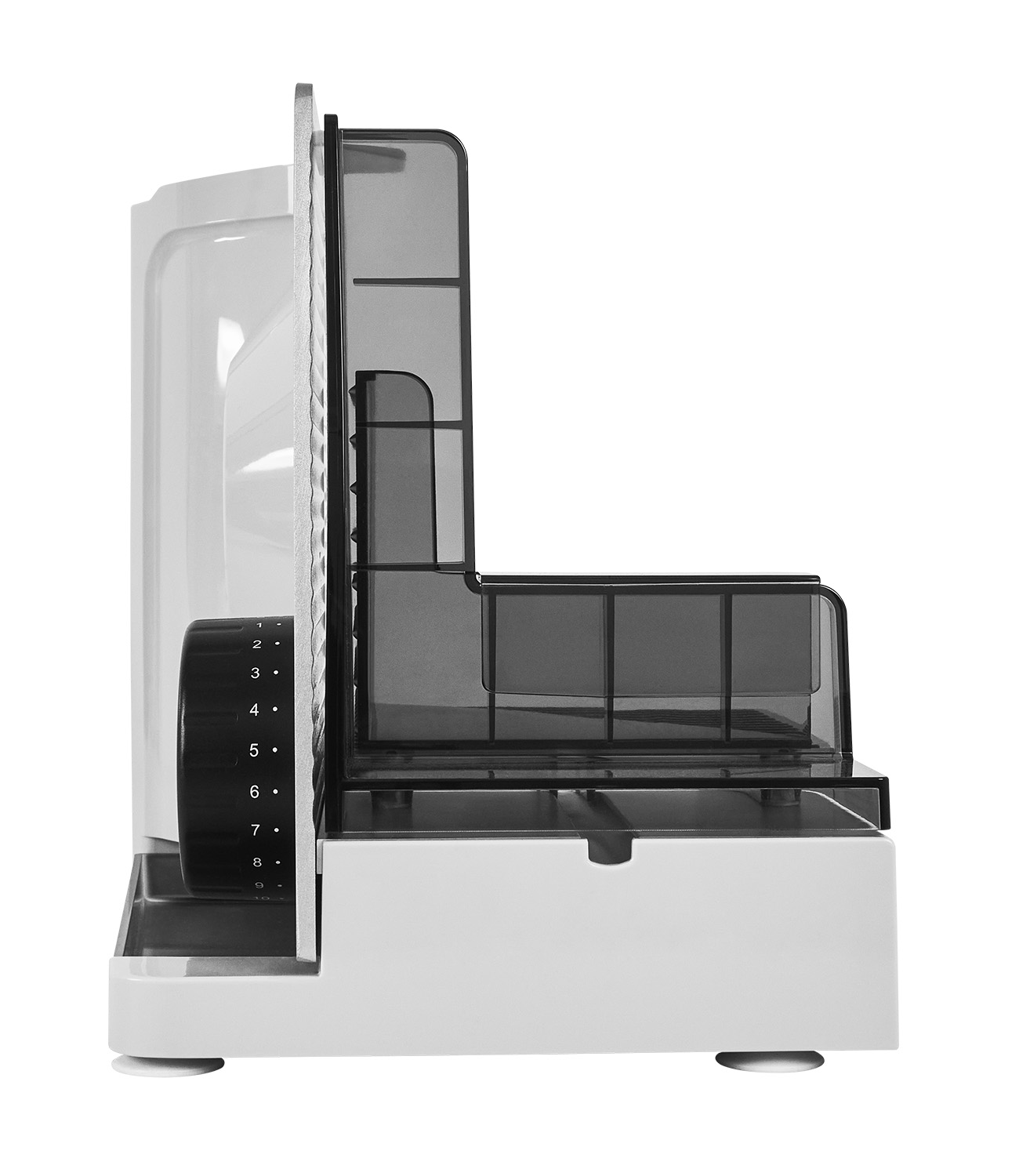Electric food slicer in silver, side view