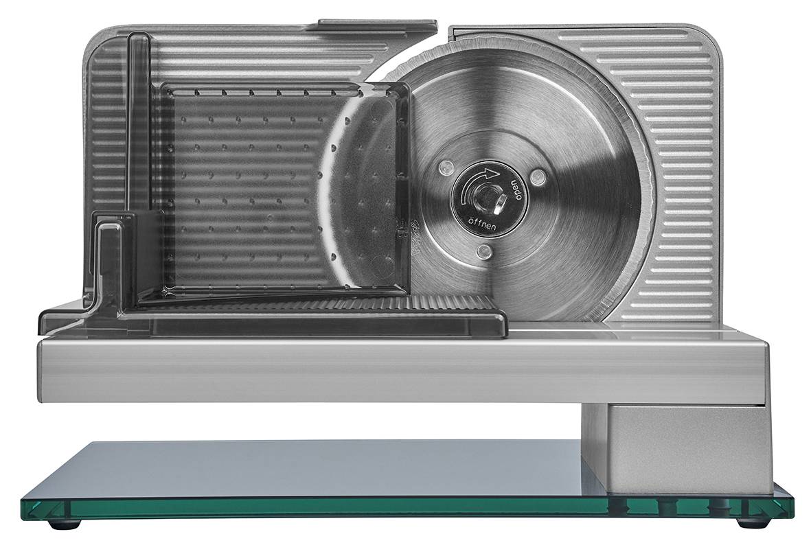 Electric food slicer in silver, rear view